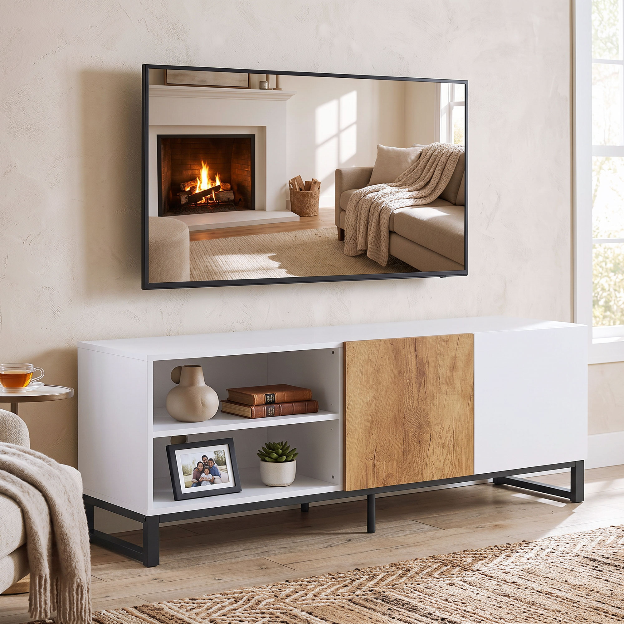TV-Schrank für Fernseher bis 55 Zoll, modernes TV-Lowboard mit verstellbaren Einlegeböden, Weiß