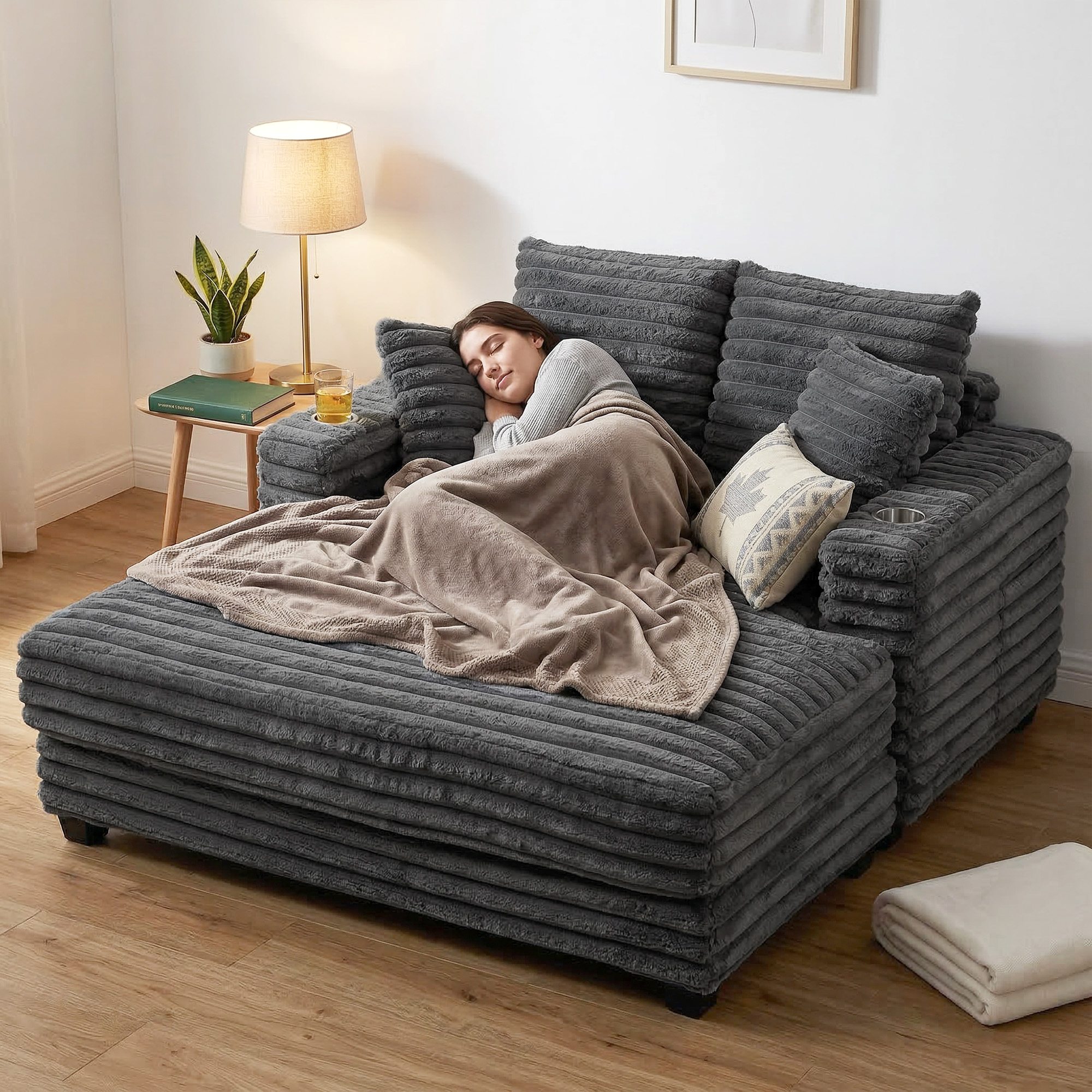 Chaiselongue 2 Sitzer Groß Schlafsofa 134 x 151 cm mit Becherhalter für Wohnzimmer, Grau