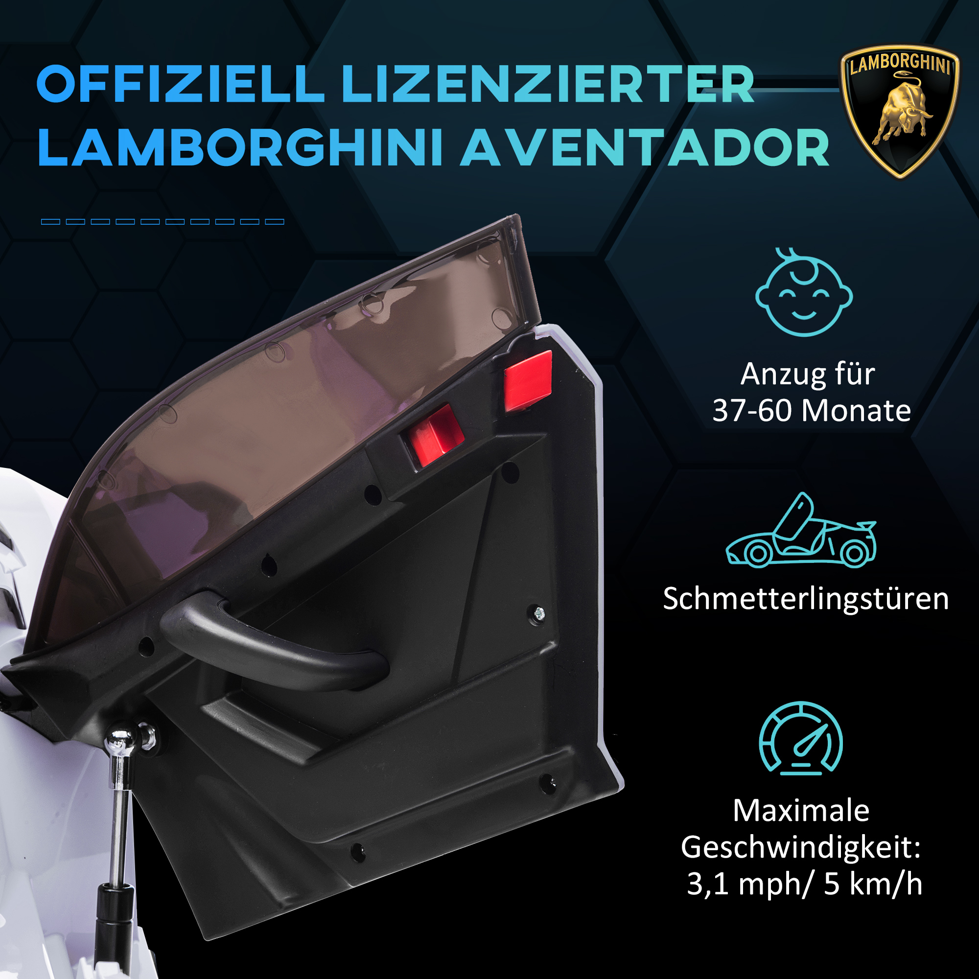 Elektro-Kinderauto, lizenzierter Lamborghini Aventador, Flügeltüren, Musik, Hupe, für 3-5 Jahre, Weiß