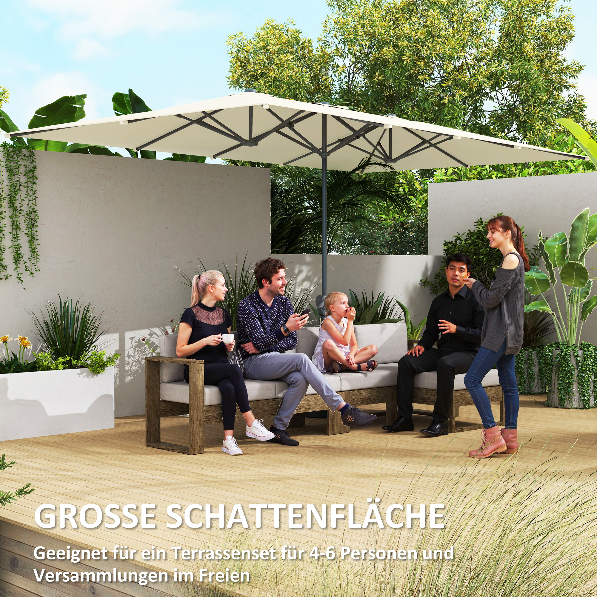 Doppelseitiger Schirm, 451 x 264 cm Sonnenschirm mit Kurbelsystem, 12 Metallstreben, Aluminiummast, Cremeweiß