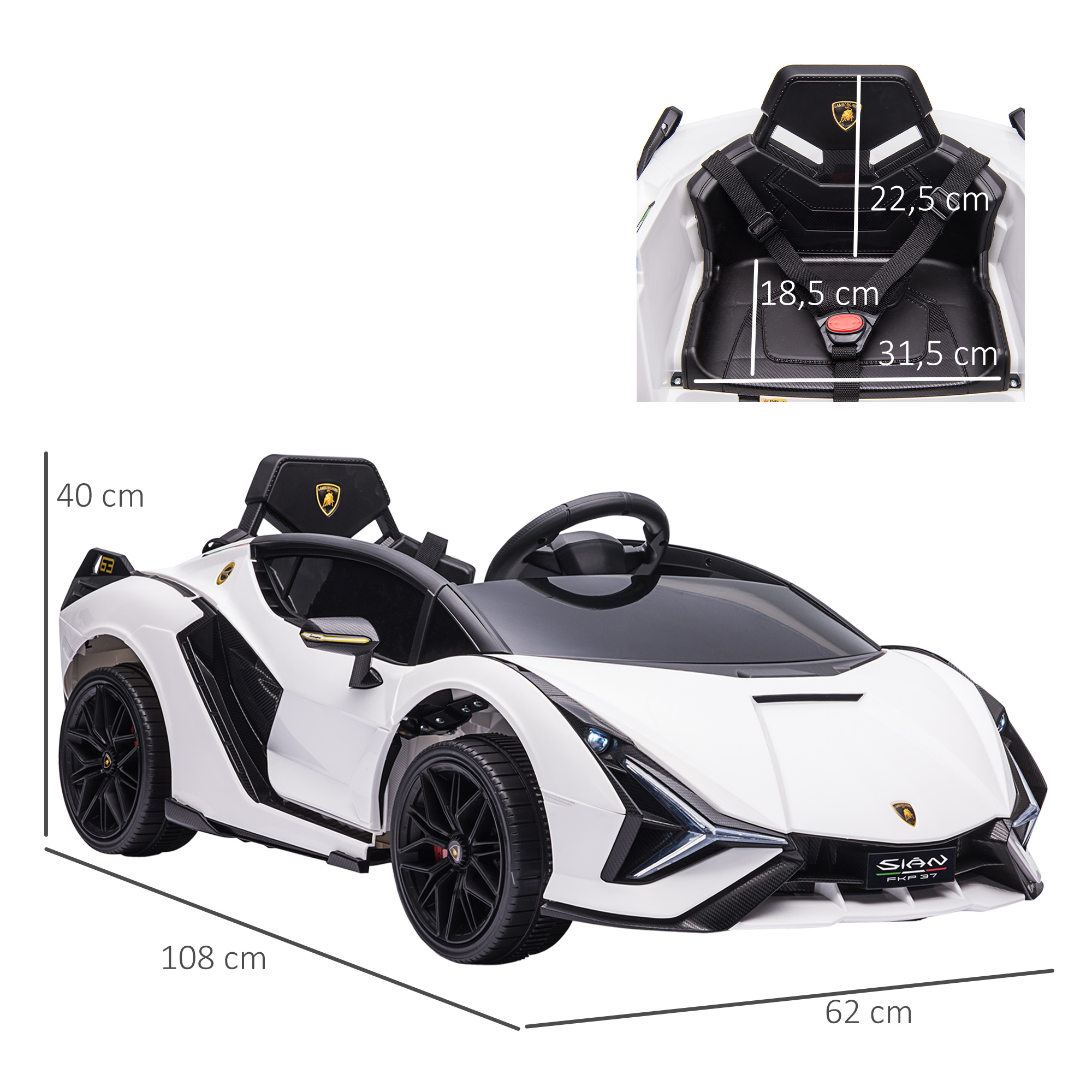 Kinderfahrzeug 12V 2 Fahrmodi Lamborghini SIAN SUV-Auto-Spielzeug Elektroauto mit Fernbedienung Musik(MP3/USB) Licht 37-60 Monate Metall Weiß 108 x 62 x 40 cm