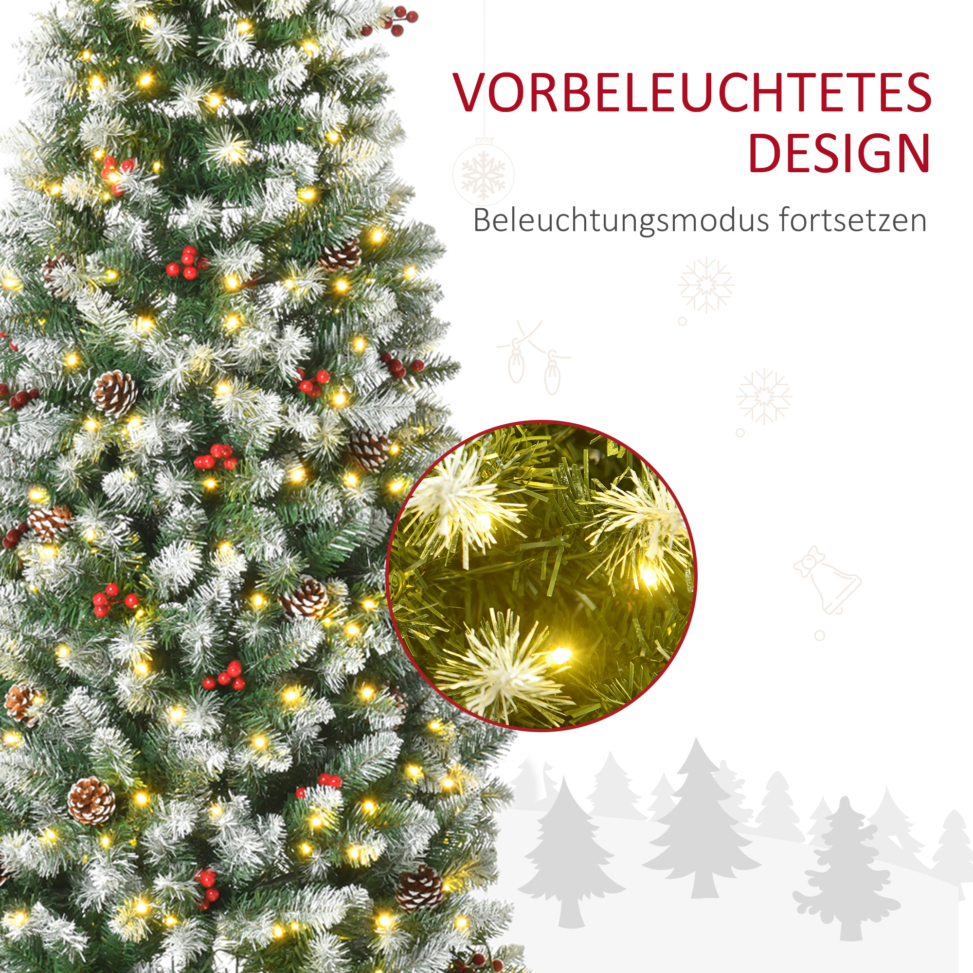 künstlicher Weihnachtsbaum 180 cm Tannenbaum künstlich mit LED Beleuchtung, Schnee, 618 Spitzen Christbaum Weihnachtsdeko inkl. Stahlständer für drinnen