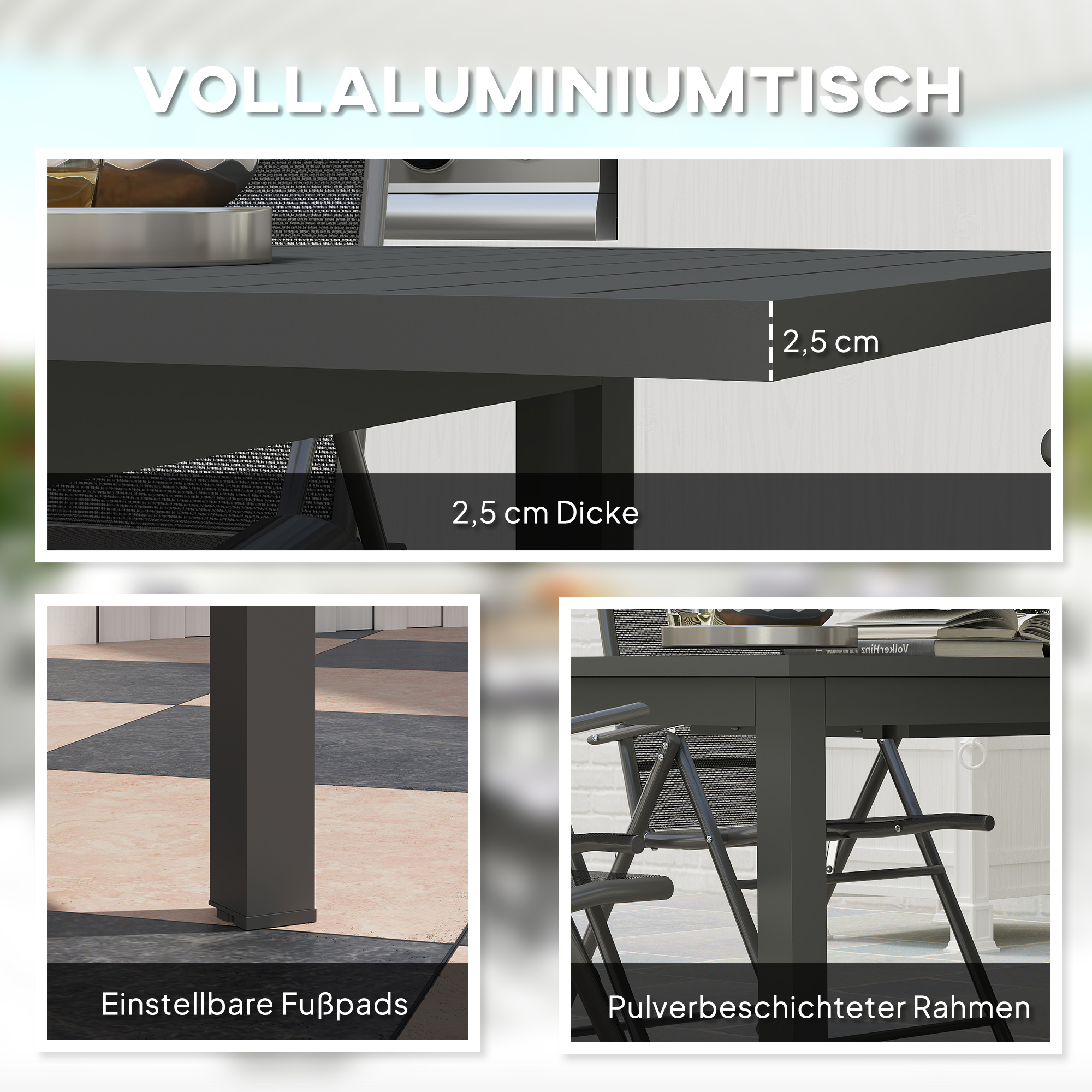 Gartentisch Erweitert Aluminium 160/220x90 cm Wetterfest Balkontisch, rutschfest Buffettisch Grau