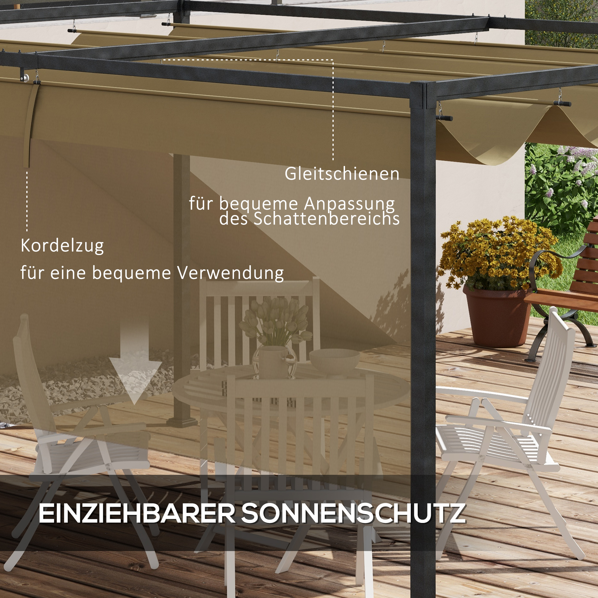 Pergola, Robuster Sonnenschutz für Garten, Balkon, Terrasse, aus Metall und Kunststoff, UV- und wasserabweisend, Khaki