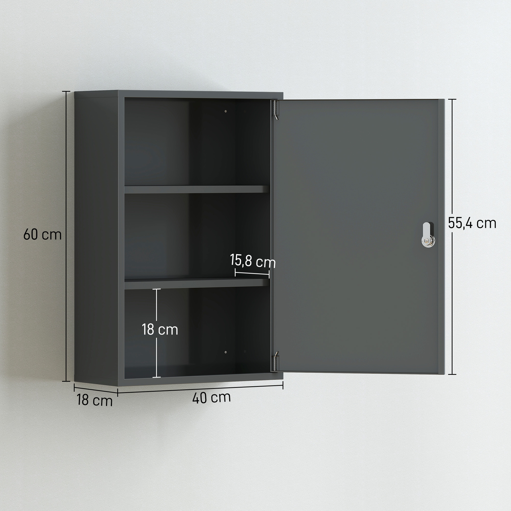 Wand-Medizinschrank, Badezimmerschrank mit 3 Regalböden, 2 Schlüsseln, 40 x 18 x 60 cm, Grau