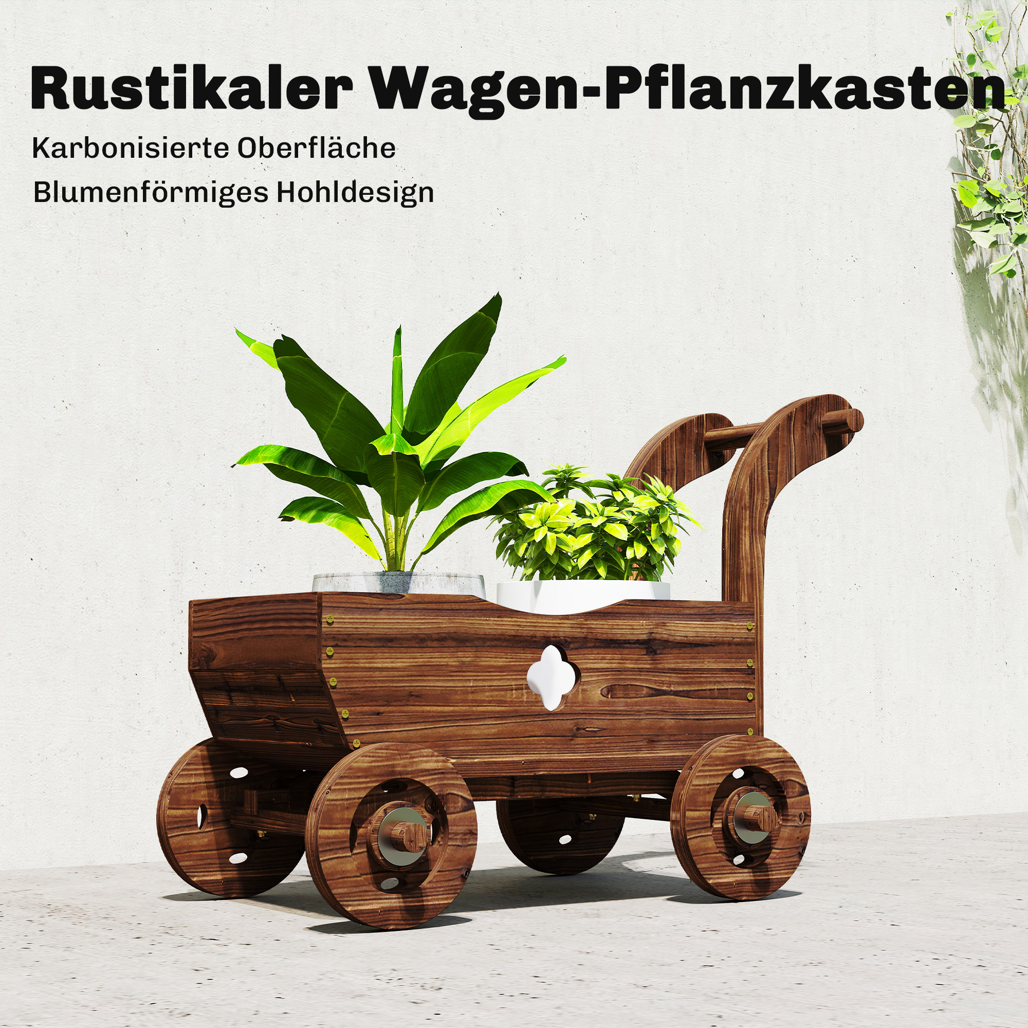 Hochbeet Holz, Pflanzbeet in Wagenform Frühbeet mit 4 Rädern Griff Gartenbeet 68 x 38 x 52cm