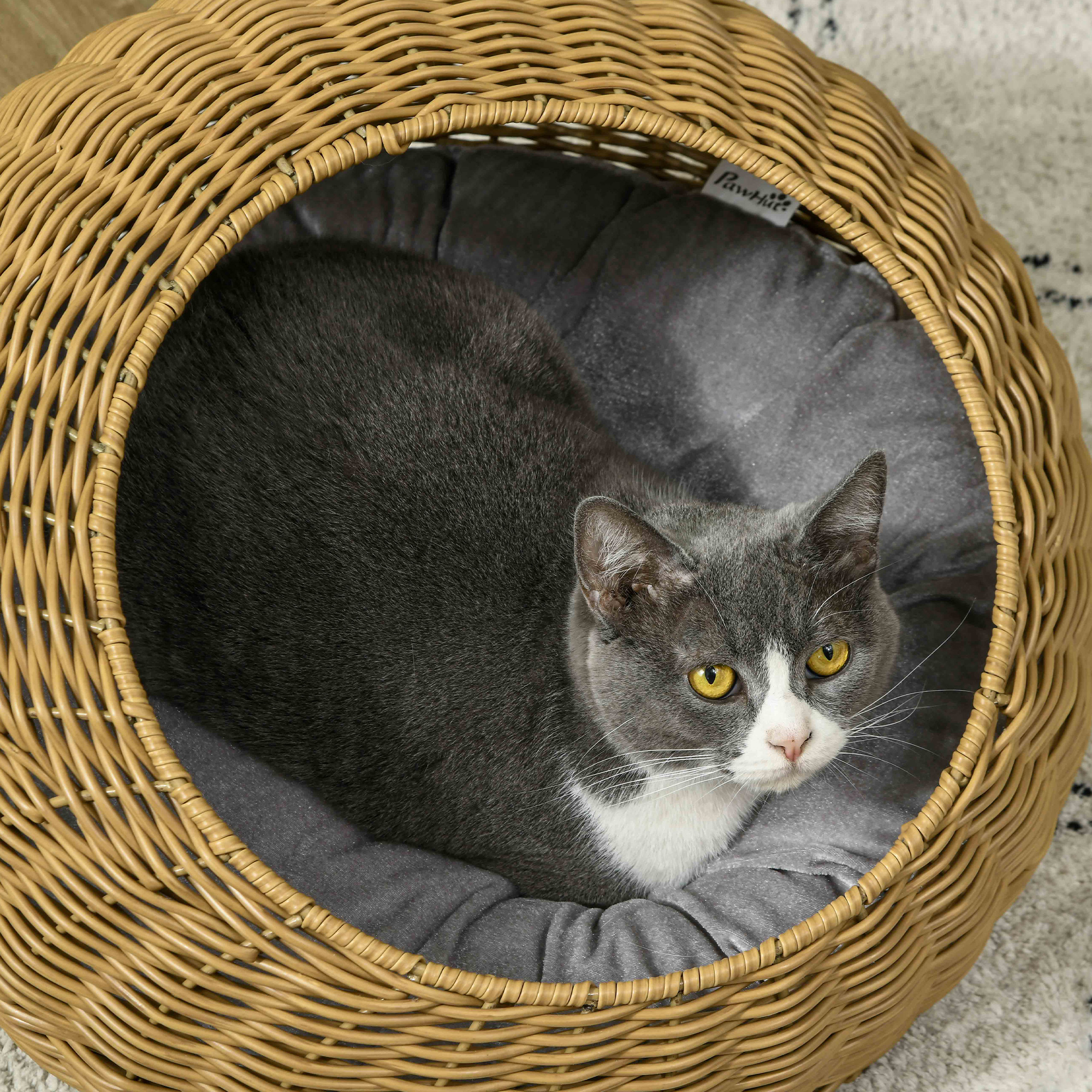 Katzenhöhle mit waschbarem Kissen, für Tiere bis 4 kg, Indoor, Kunst-Rattan, Ø50 x 31 cm, Hellbraun