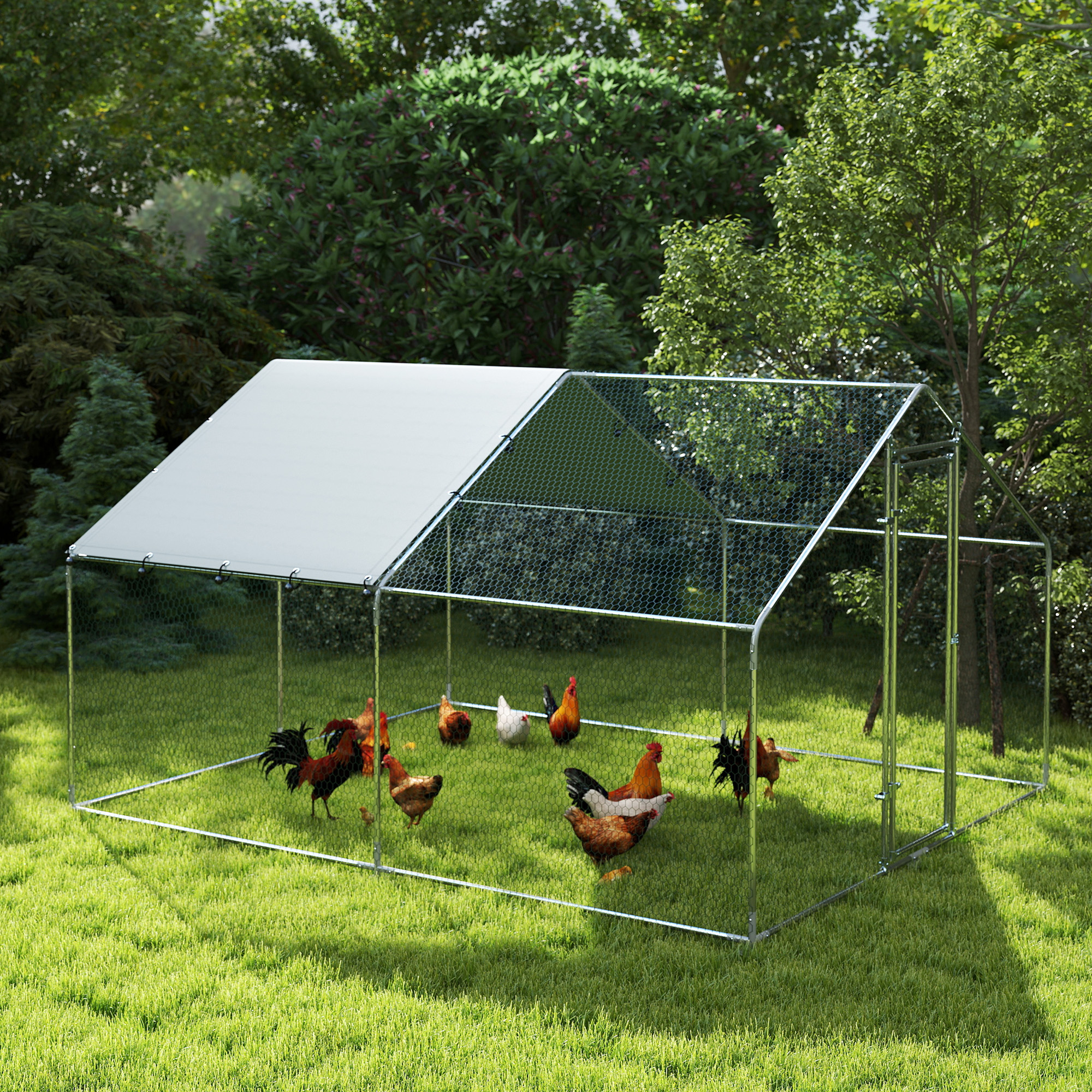 Hühnergehege, großes Hühnergehege aus Metall mit wasserdichter und UV-beständiger Abdeckung, Käfig für 10-15 Hühner, 3 x 3,4 x 1,9 m