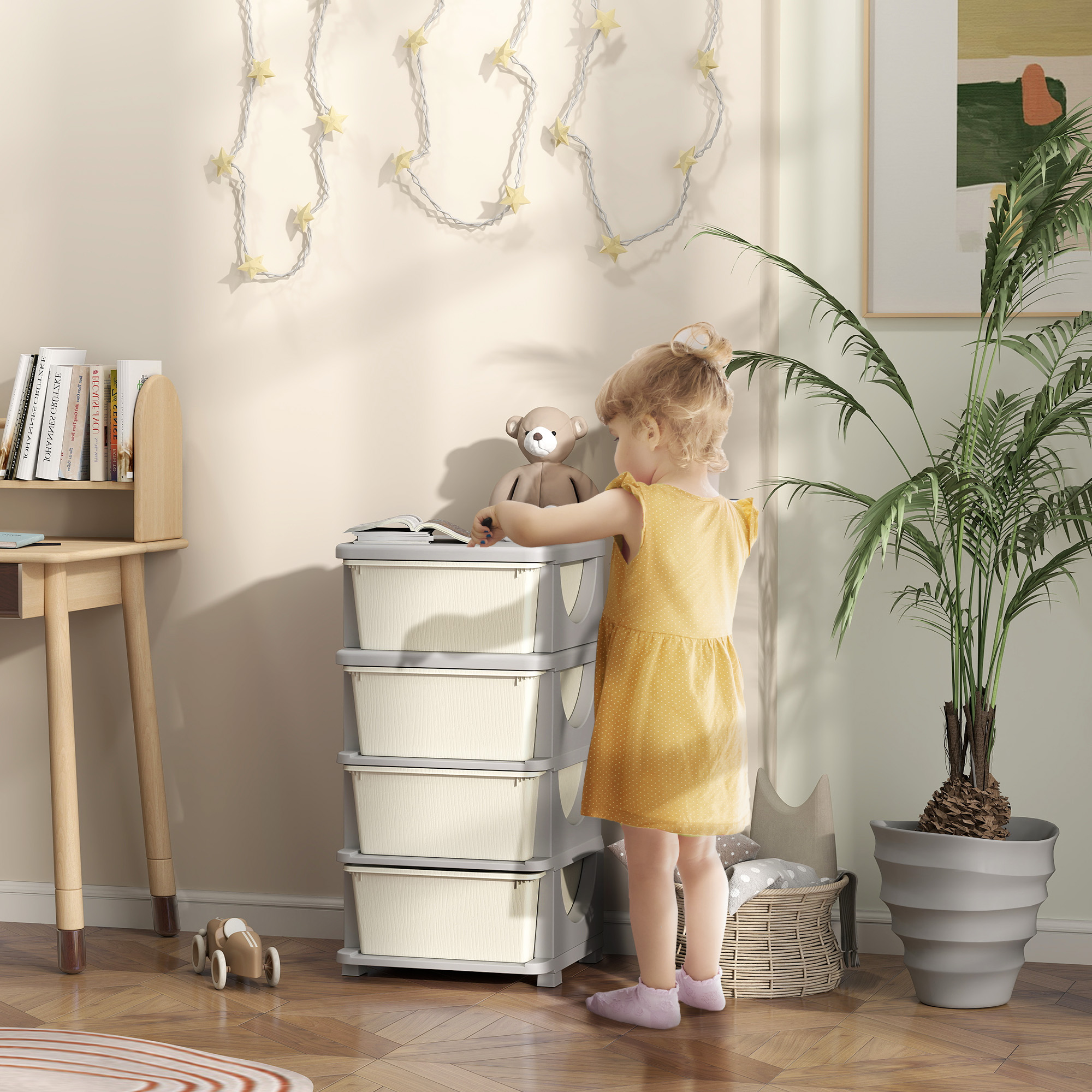 Aufbewahrungsboxen für Kinder, 4 große Schubladen, runde Kanten, Kunststoff, 37x37x76 cm, Cremeweiß