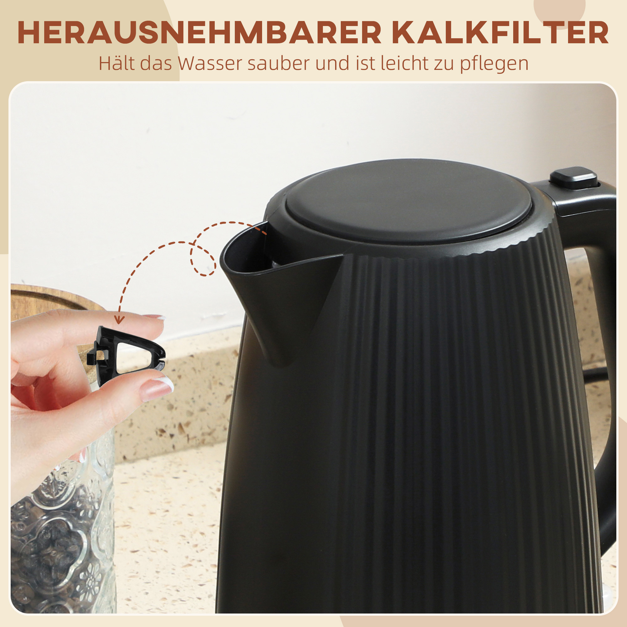 Wasserkocher, 1,7L, Schnellkochfunktion, 2200W, mit herausnehmbarem Kalkfilter, Abschaltautomatik, Schwarz