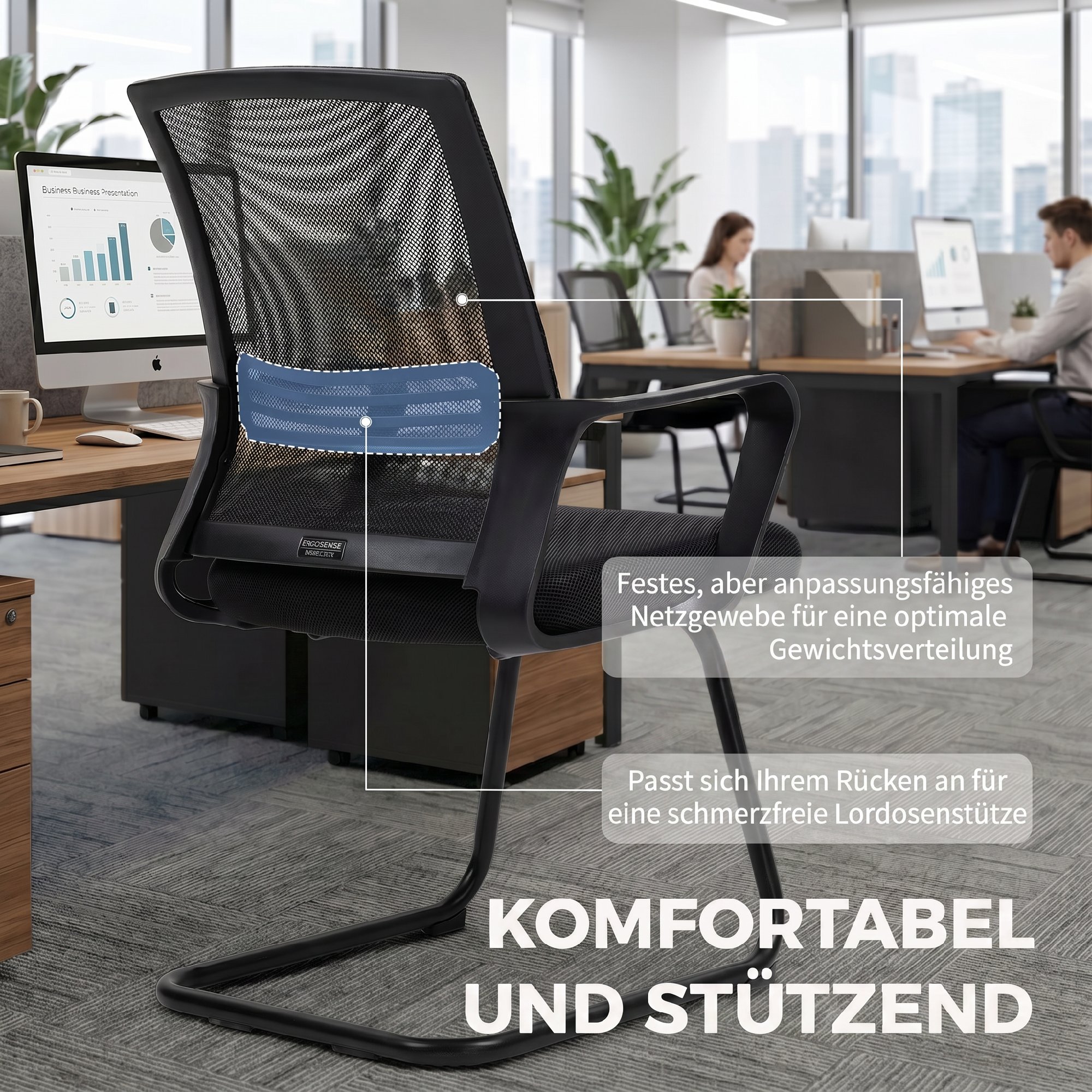 2er-Set ergonomische Schreibtischstühle ohne Rollen, gepolsterte Konferenzstühle mit Kufengestell für Wartezimmer und Empfang, Schwarz