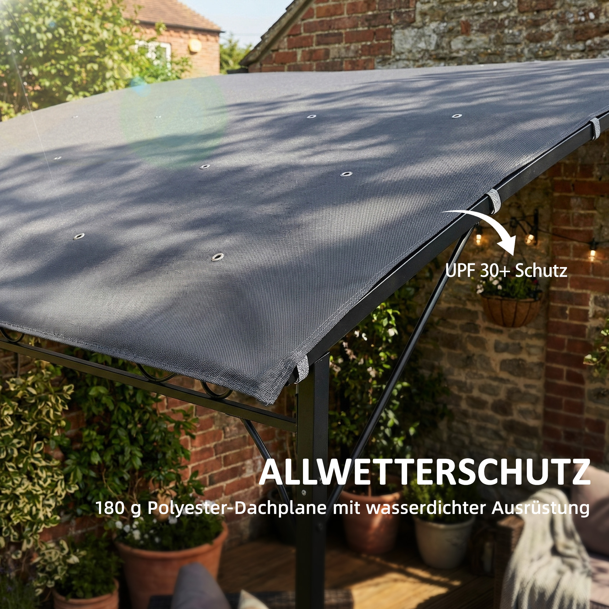 Anbaupavillon Pergola mit Metallgestell Dach, wetterfest wandmontiert Pavillon Vordach 2,86 x 3,84 x 2,52 m Grau