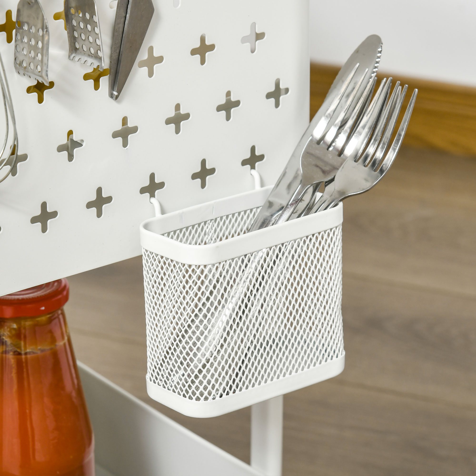 Küchentrolley mit Lochtafel, Handtuchhaltern und Aufbewahrungskörben, 51,5 cm x 32 cm x75,6 cm, Weiß