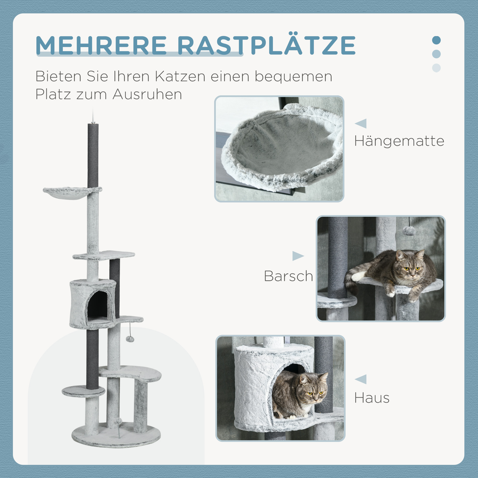 Kratzbaum mit Deckenspanner, Hängematte, Haus, Plattformen, Spielball, 225-255cm, Grau