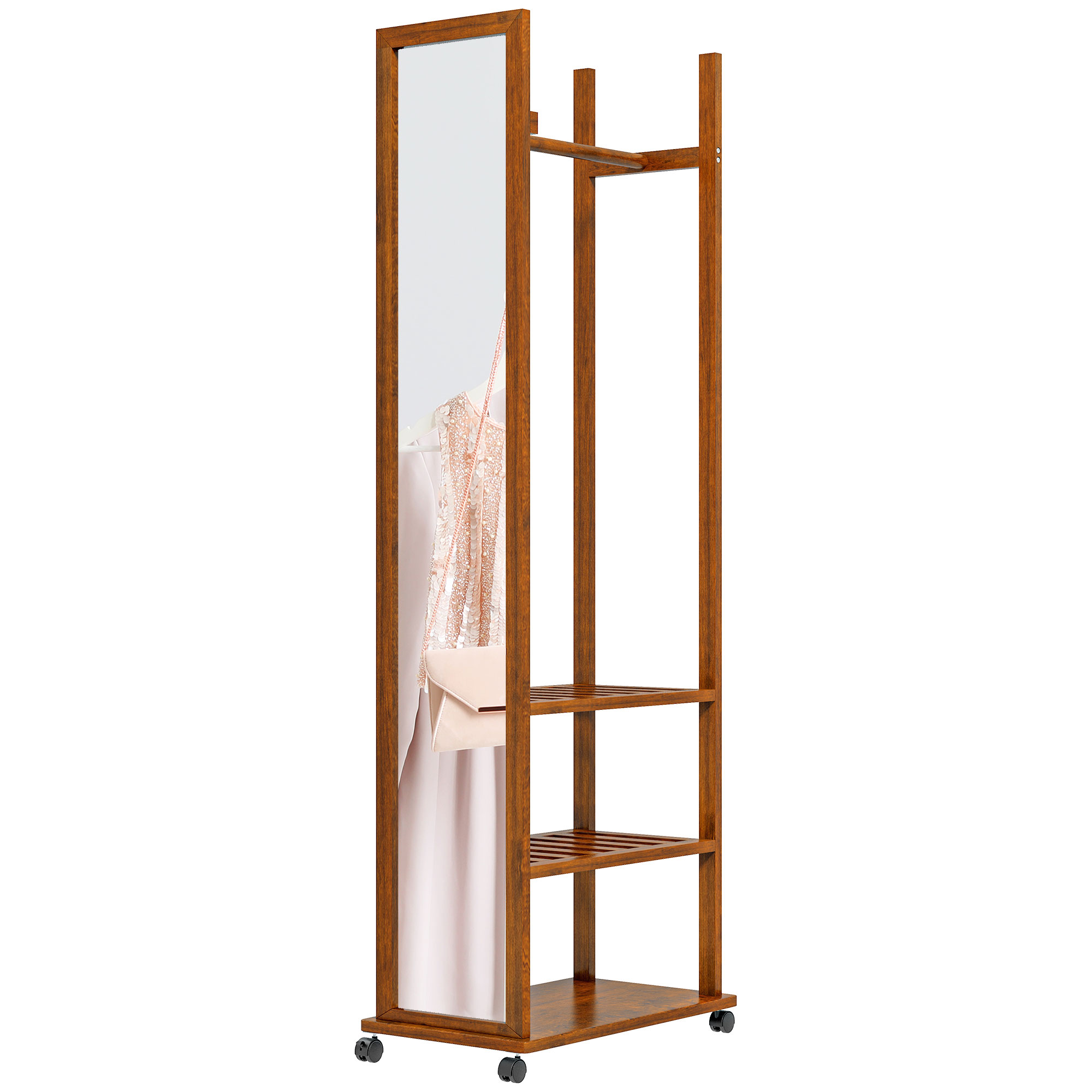 2-in-1-Spiegel Spiegel Ganzkörperspiegel Garderobe, 1 Kleiderstange, 3 Regale, 35,8 x 59,8 x 170 cm, Natur 2-in-1-Spiegel Spiegel Ganzkörperspiegel Garderobe, 1 Kleiderstange, 3 Regale, 35,8 x 59,8 x 170 cm, Natur