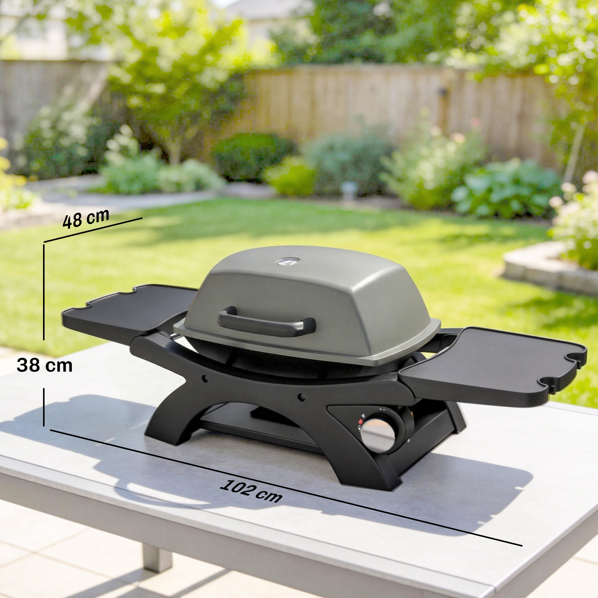 Gasgrill 3,3 KW Tischgrill mit 1 Brenner klappbar Seitentischen Gusseisen Grillroste herausnehmbar Fettauffangschale