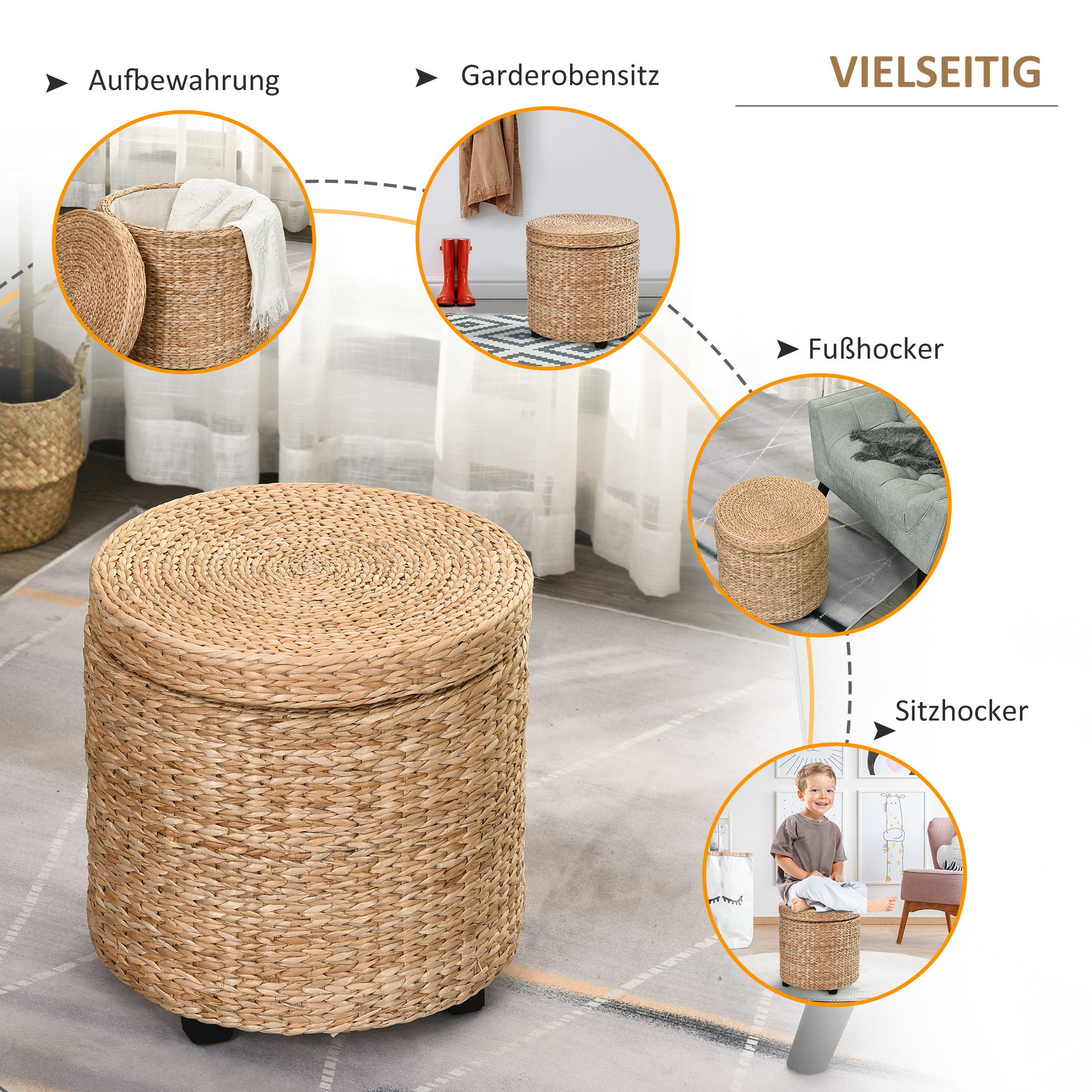 Sitzhocker mit Stauraum Hocker mit Deckel, Runder Fußhocker Sitzwürfel Aufbewahrungsbox Polsterhocker mit Beine, 43 x 43 x 43 cm Khaki