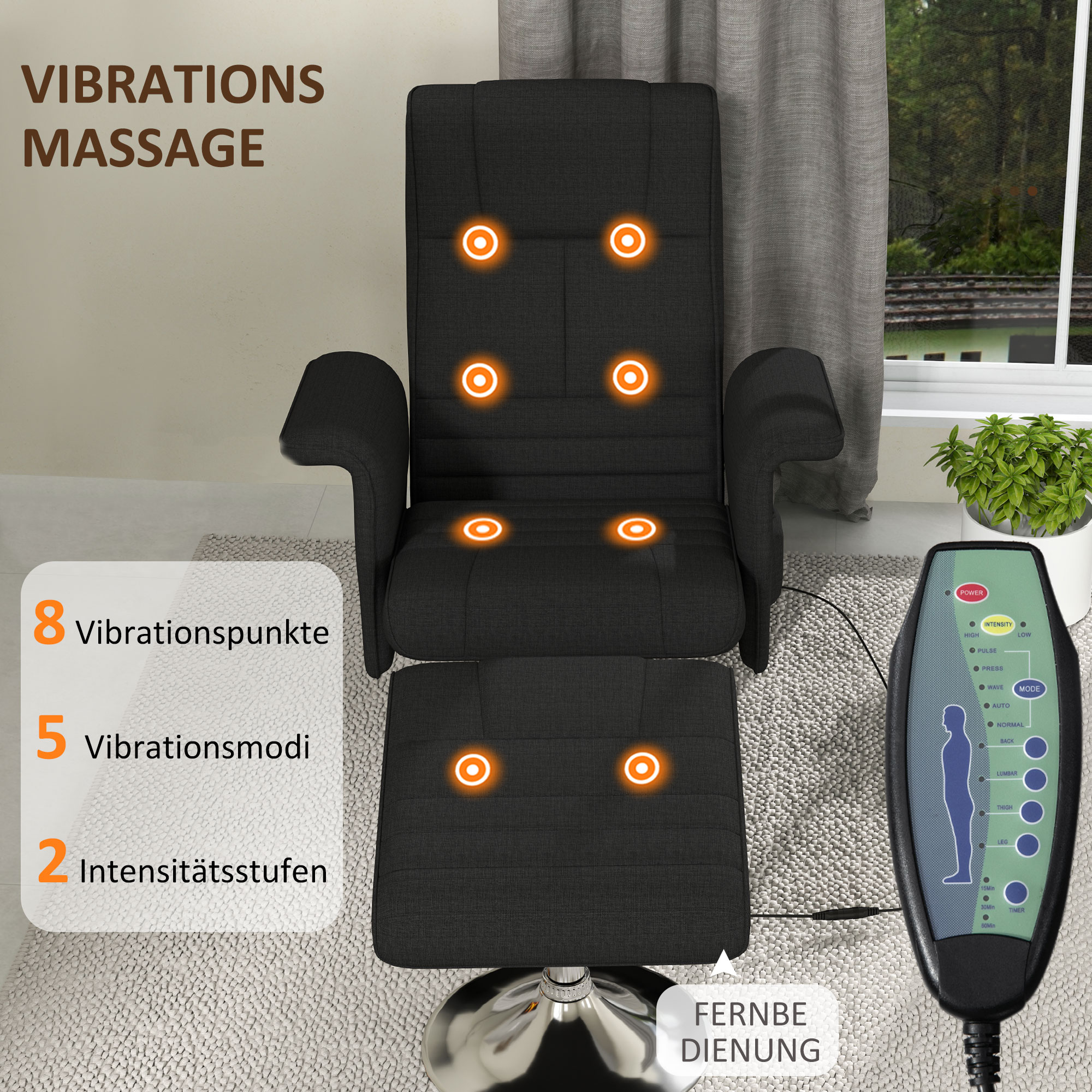 Massagesessel mit Hocker, neigbare Lehne, 78 x 95 x 88 cm, Schwarz