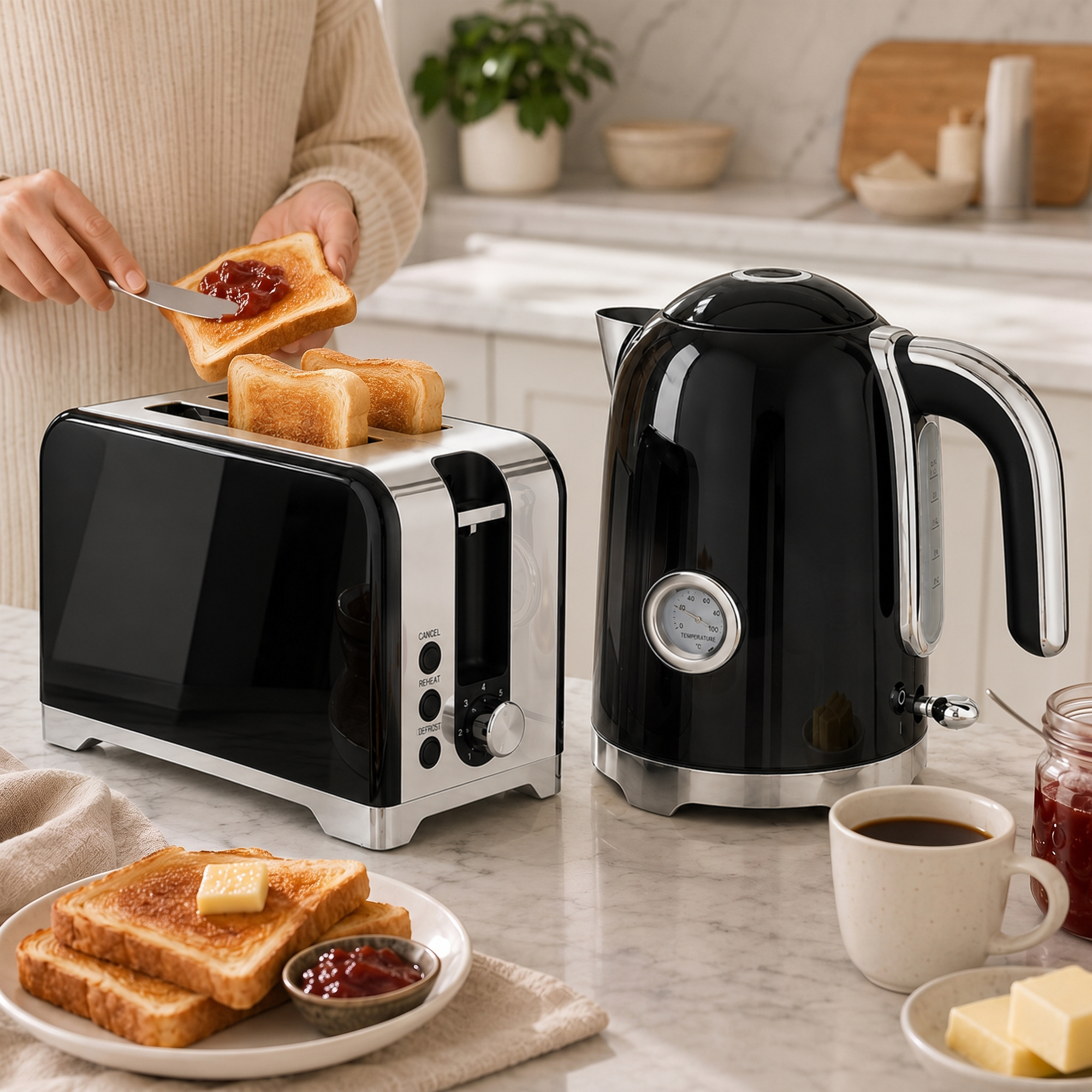 Wasserkocher und Toaster Set mit Thermometer, 1,7 l, 2200 W Wasserkocher, 2-Scheiben-Toaster mit 7 Bräunungsstufen
