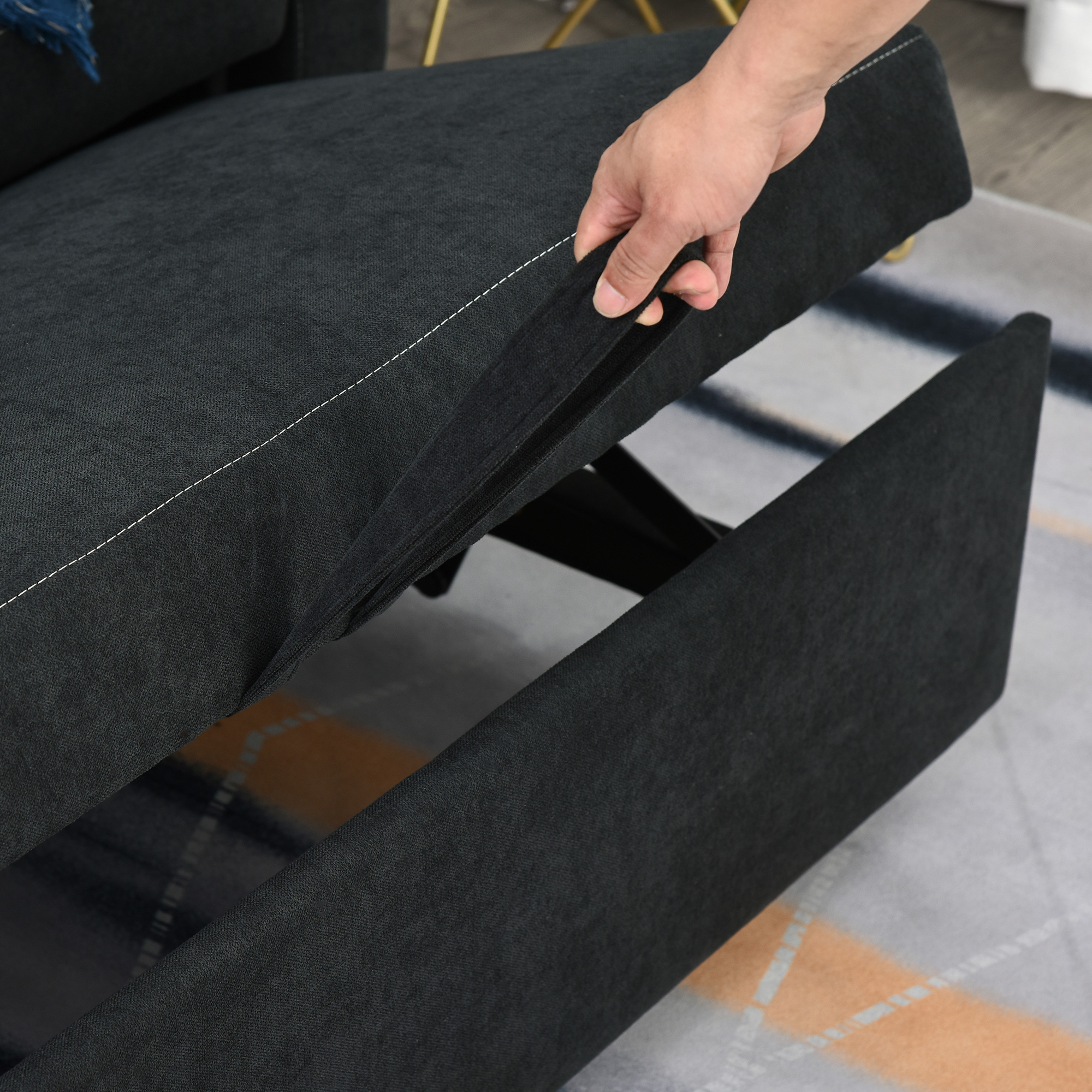 2-Sitzer Sofa mit Bettfunktion, verstellbarer Rückenlehne, Polstersofa, Samtoptik, für Wohnzimmer, Schlafzimmer, Schwarz