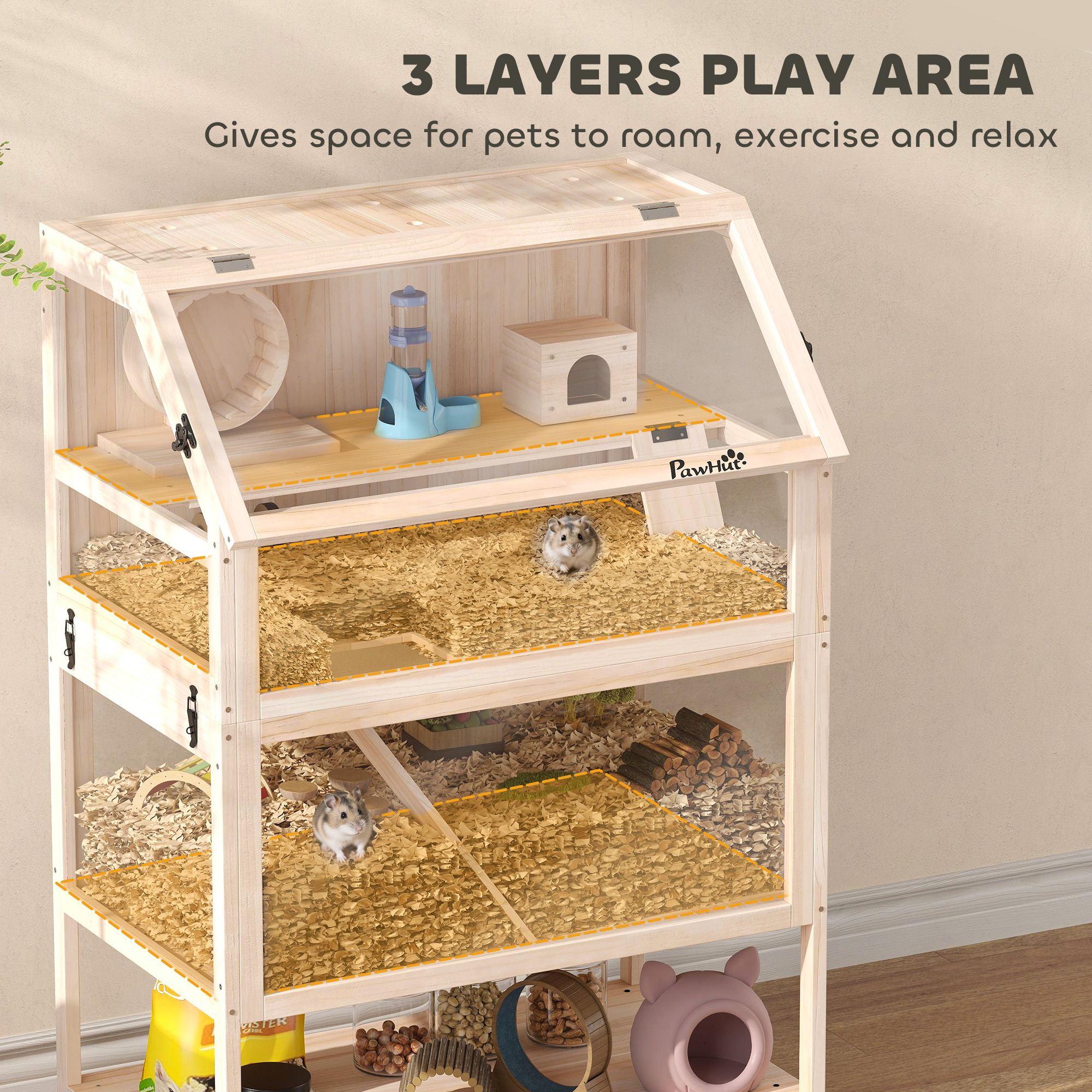 Hamsterkäfig aus Holz 3 Etagen Nagerkäfig mit abnehmbar Boden Ablage Laufrad Wippe Rampe Hütte 80x53x117cm Naturholz
