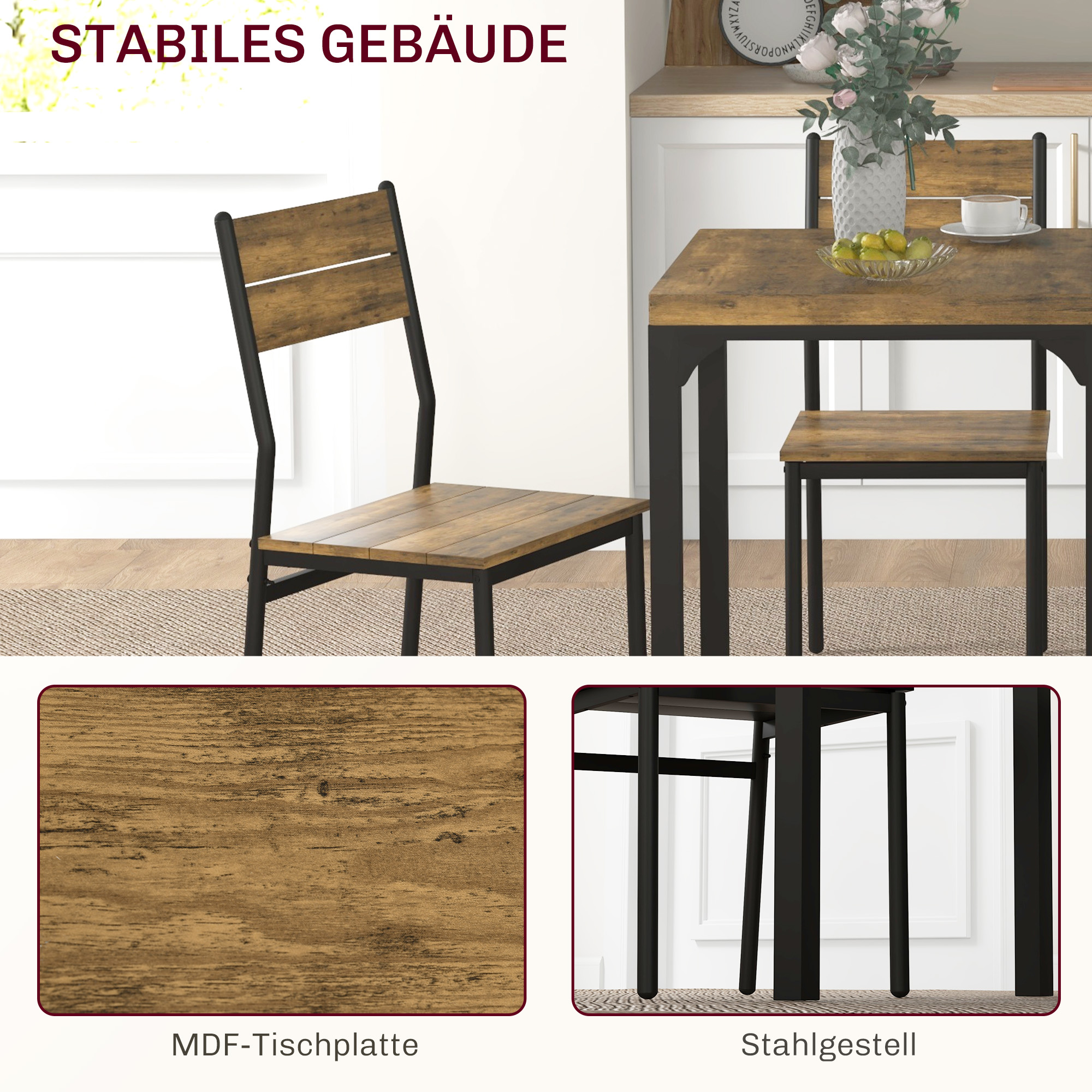 3-teilige Essgruppe, Esstisch-Set, 1 Tisch, 2 Stühle, MDF+Metall, Braun