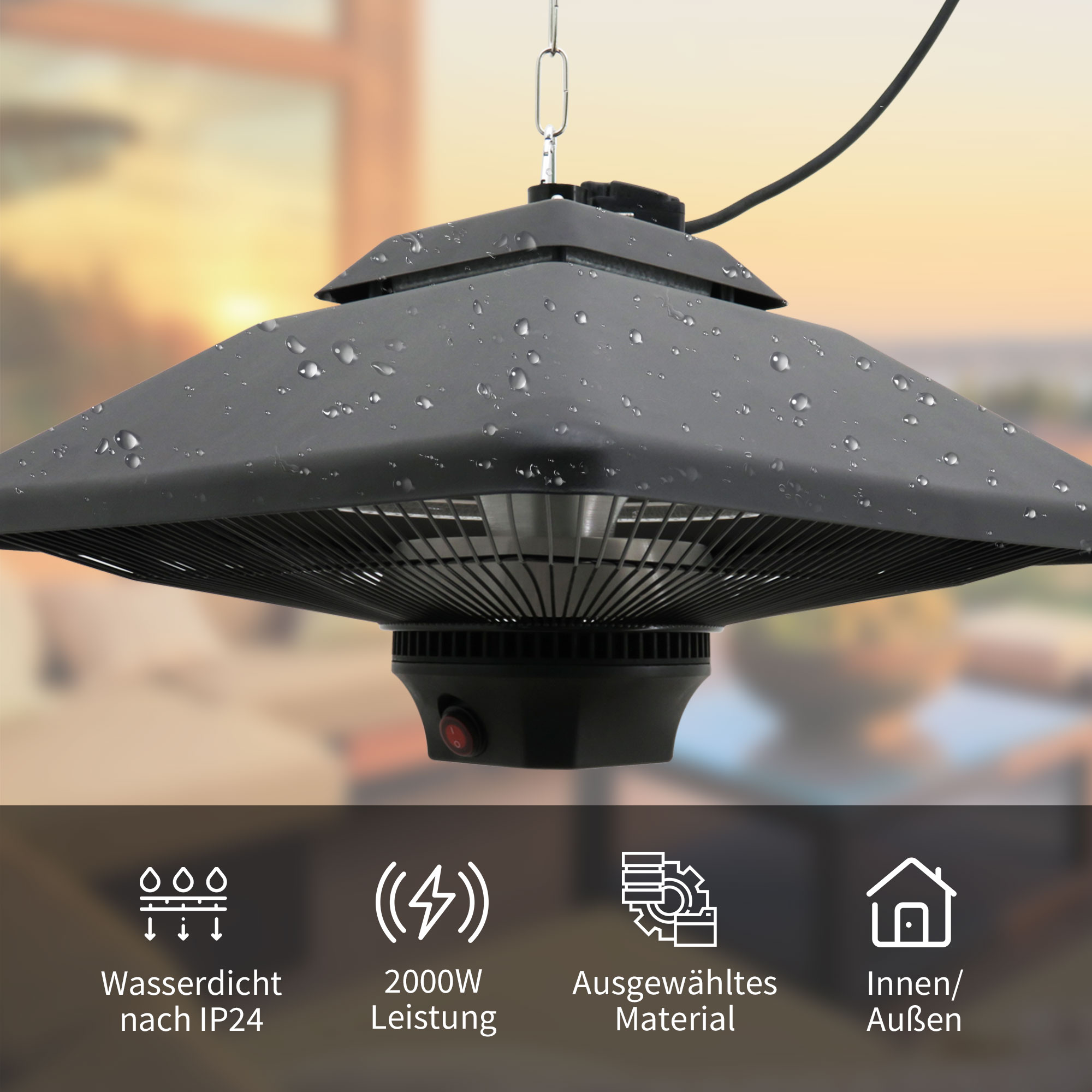 Infrarotstrahler 2000 Watt Heizstrahler mit Fernbedienung 2 Heizstufen Schutzhülle LED-Anzeige elektrisch Wärmestrahler Quarzstrahler Terrassenheizer Infrarotheizung Schwarz
