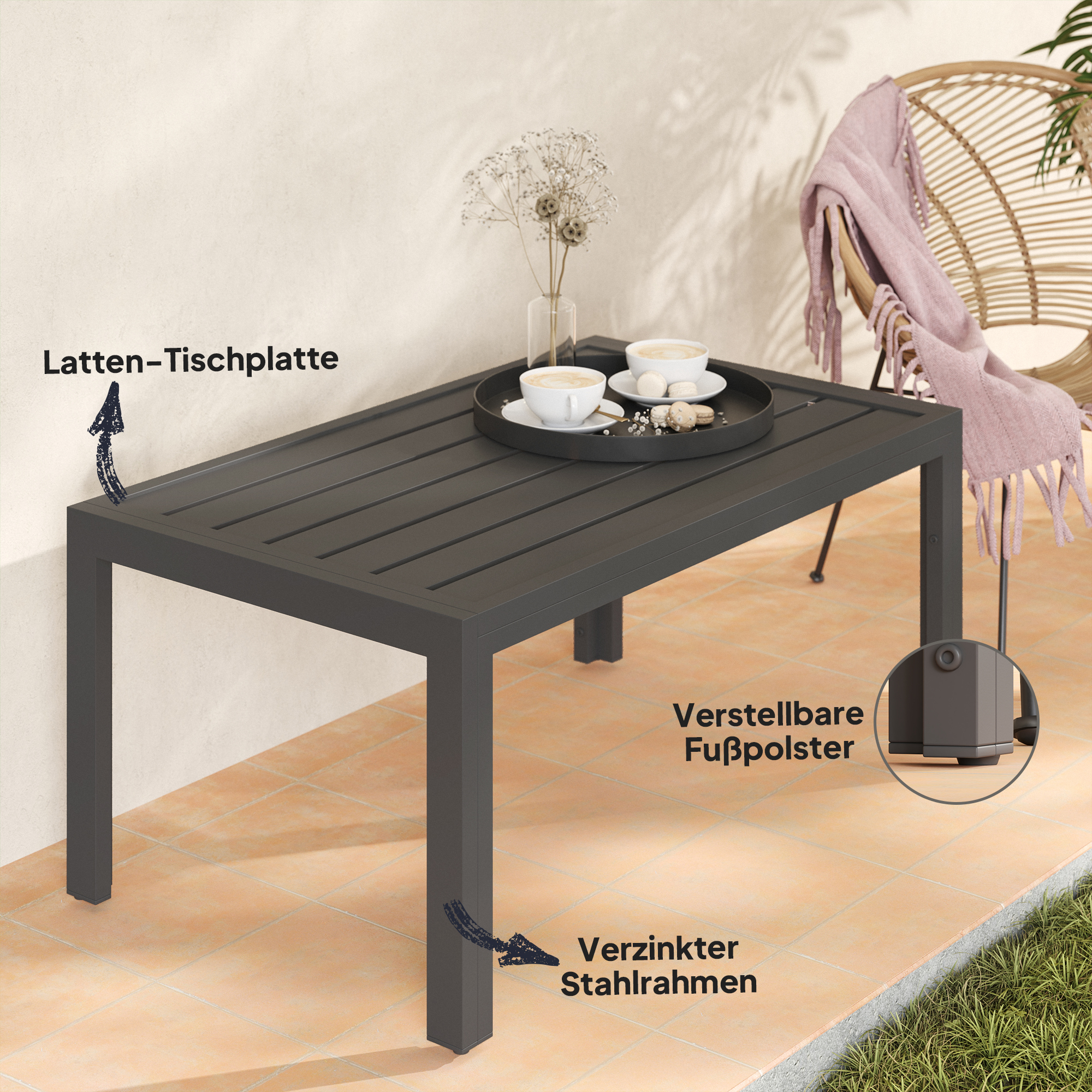 Beistelltisch Balkontisch aus Stahl Rechteckig Kaffeetisch wetterfest Gartentisch 101,5x61x46 cm Grau
