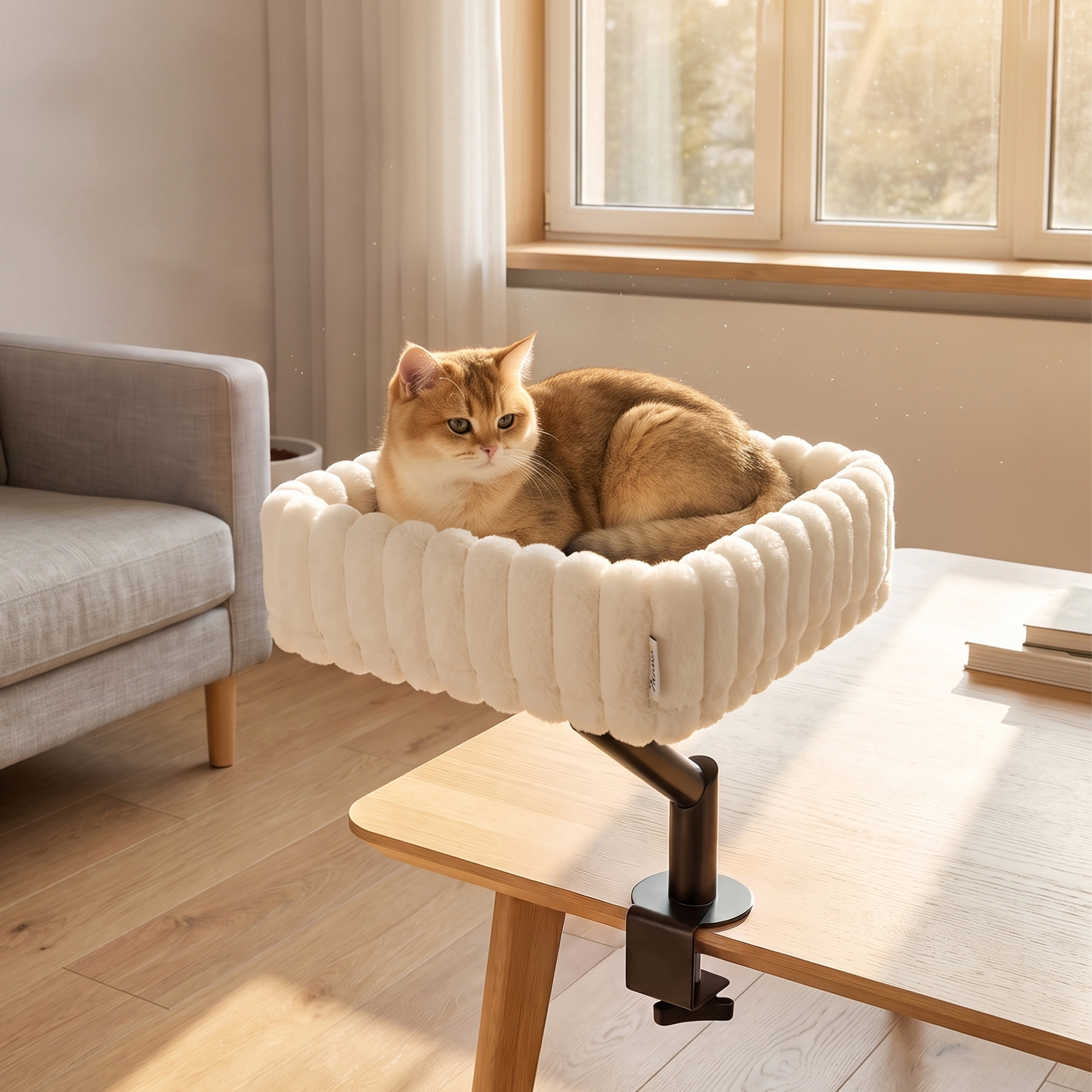 Katzen-Schreibtischbett, Katzenbett für Schreibtisch mit 360°Drehung, Hängeball verstellbare Klemme für Katze unter 6 kg
