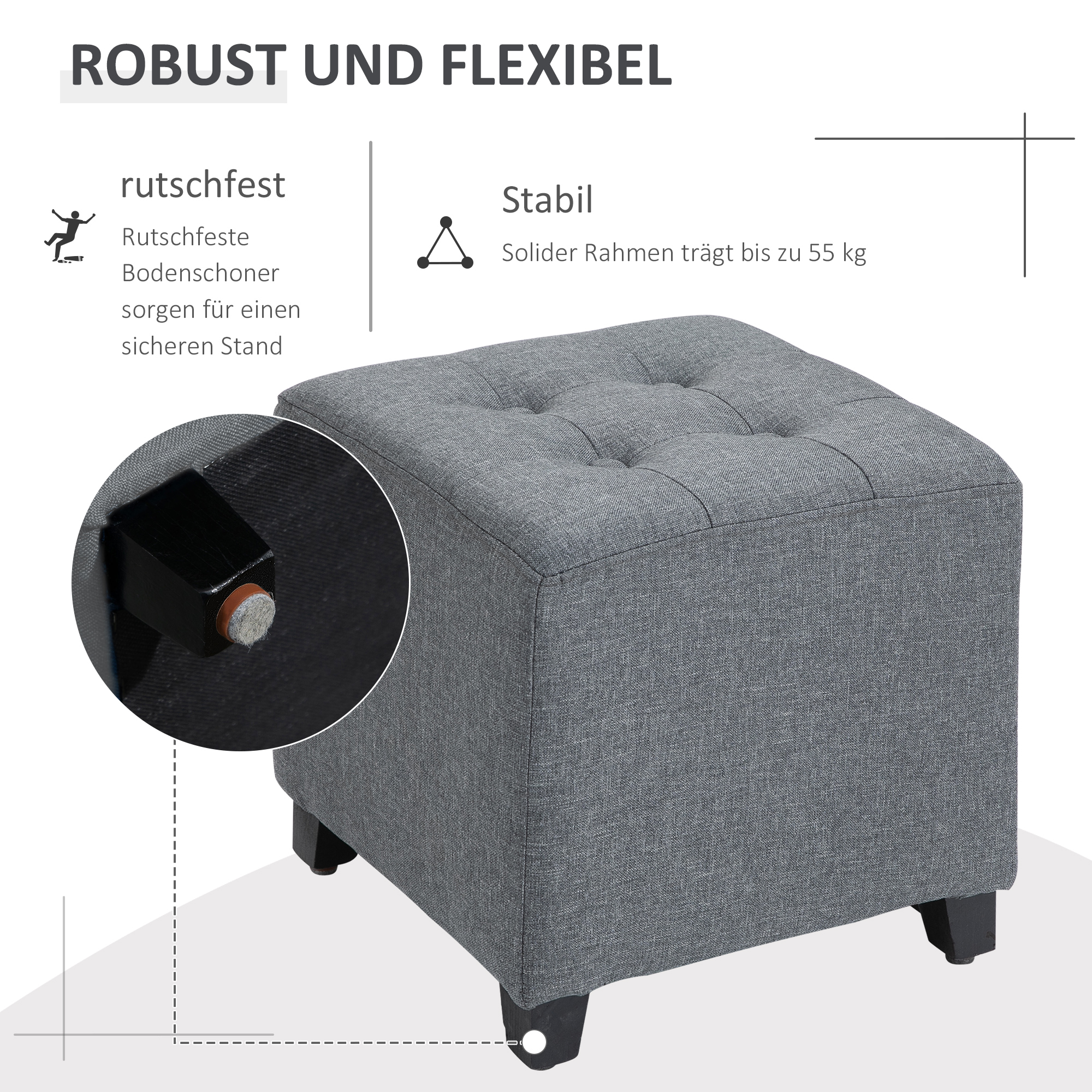 Hocker Sitzhocker, Knopfheftung, Leinenoptik, 35 cm x 35 cm x 35 cm, Grau