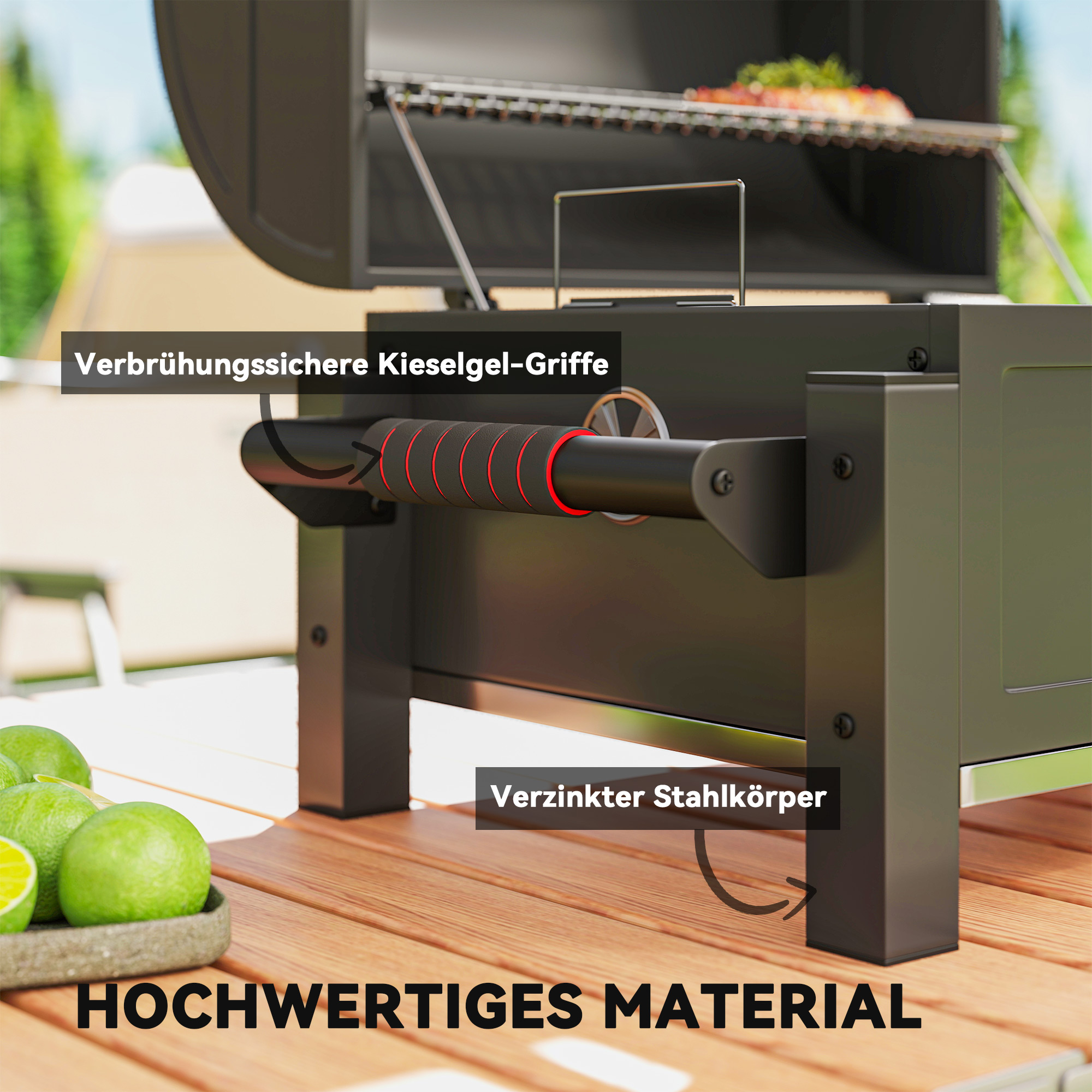 Kohlegrill mit Deckel, Warmhalterost, Aschefach, Thermometer, rostfrei, 67 x 53 x 55cm, Schwarz/Rot