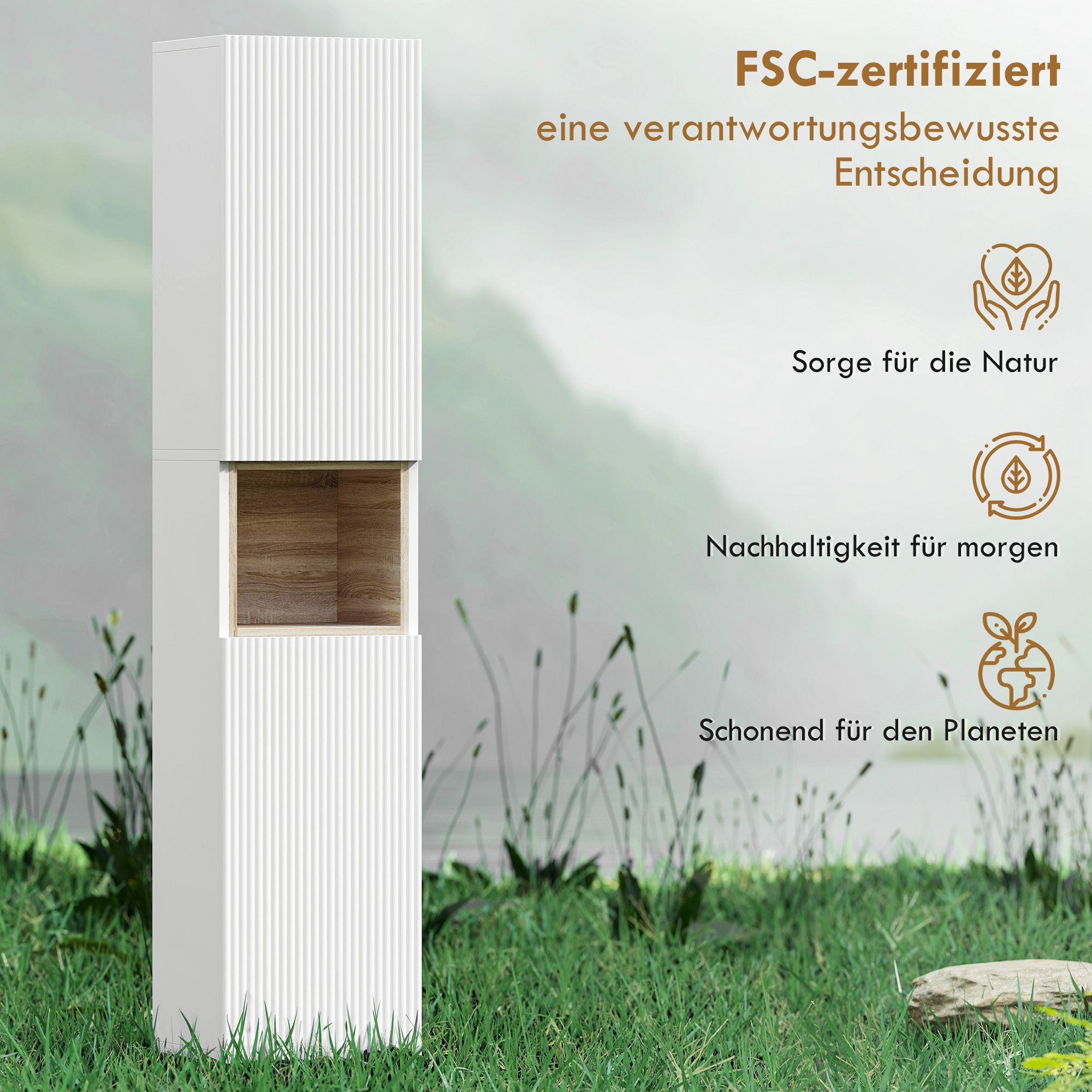 Badezimmerschrank, freistehend mit 2 Türen und offenem Regal, Weiß