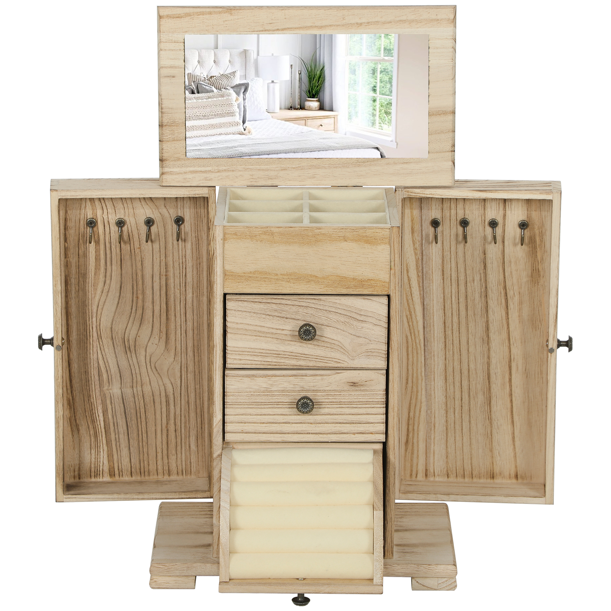 Schmuckbox, Schmuckschatulle, 4-stufiges Layout, integrierter Spiegel, Holz, Braun Schmuckbox, Schmuckschatulle, 4-stufiges Layout, integrierter Spiegel, Holz, Braun