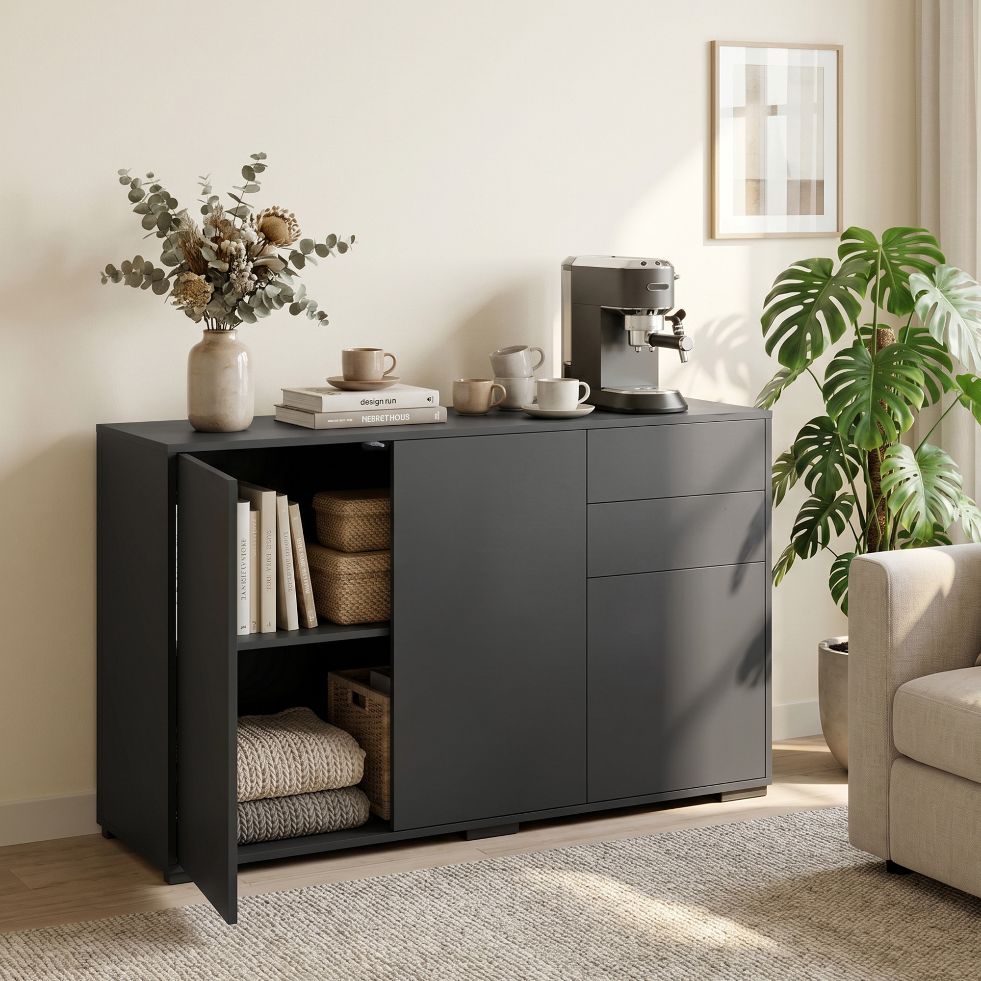 Sideboard Kommode Anrichte, 2 Schubladen, Push-Click, 117 cm x 36 cm x 74 cm, Schwarz