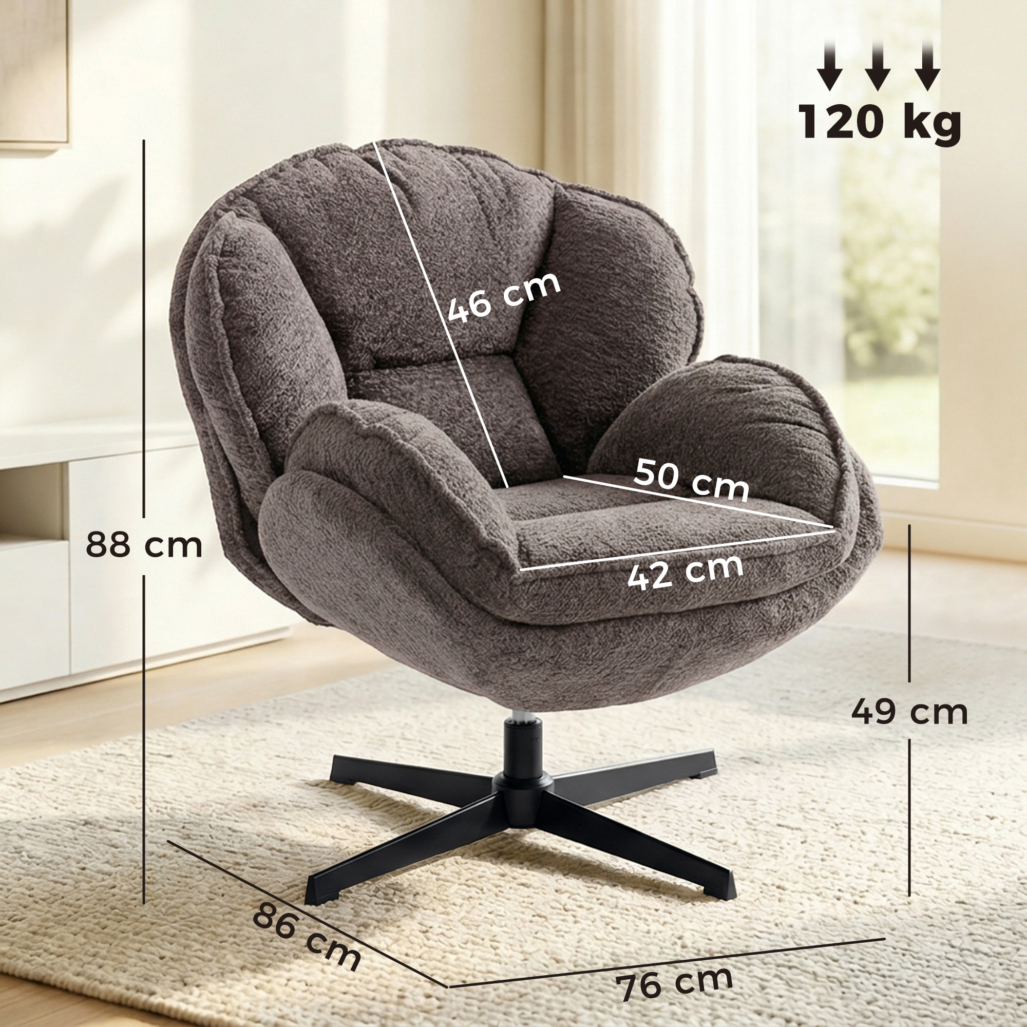 moderner Wingback-Sessel, Samt-Armlehnsessel mit Vier-Sterne-Basis, S-Federn, 360° Drehfunktion, Grau
