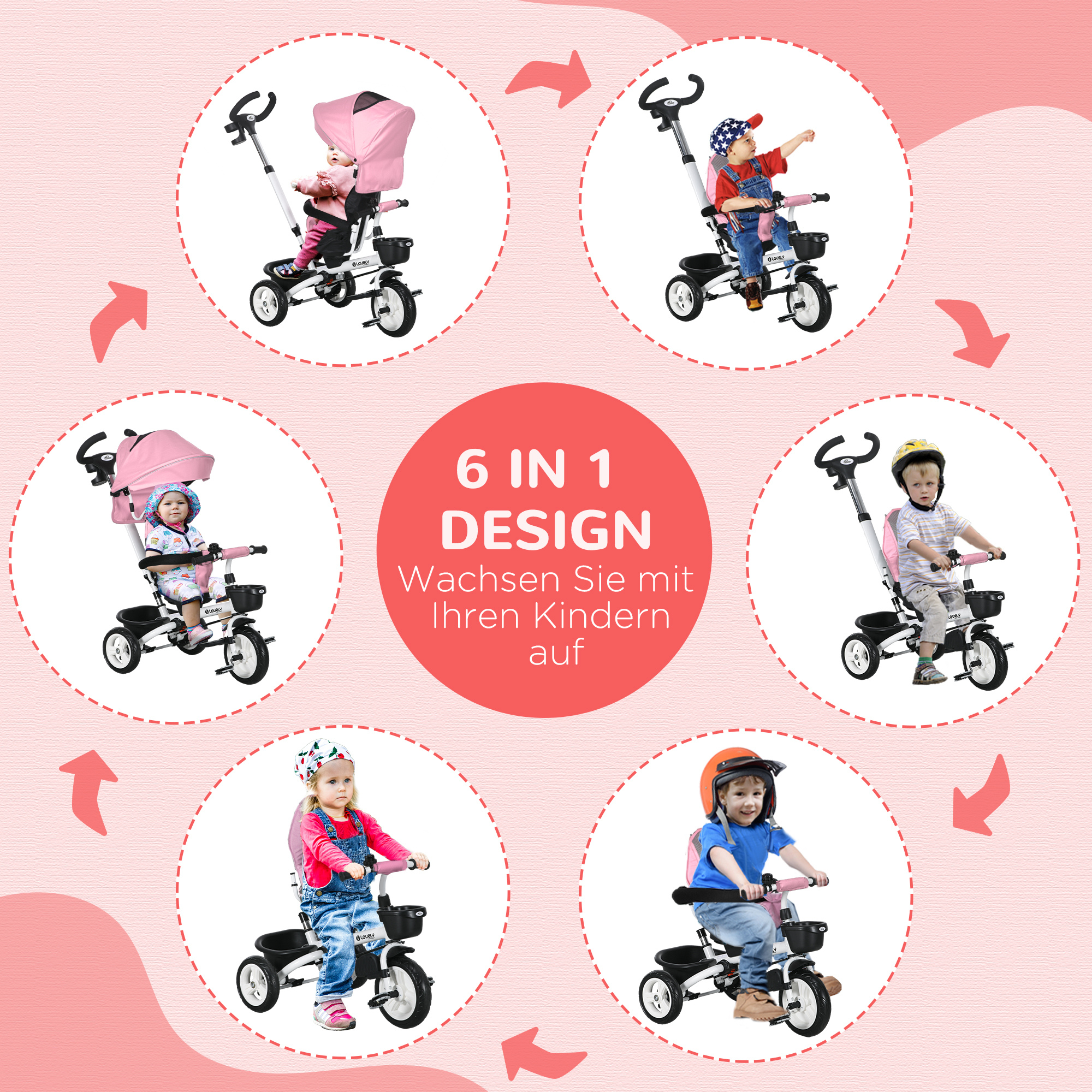 6-in-1 Kinderdreirad mit Schiebestange, Dach, Gurt, Ablagekorb, 18+ Monate, Rosa