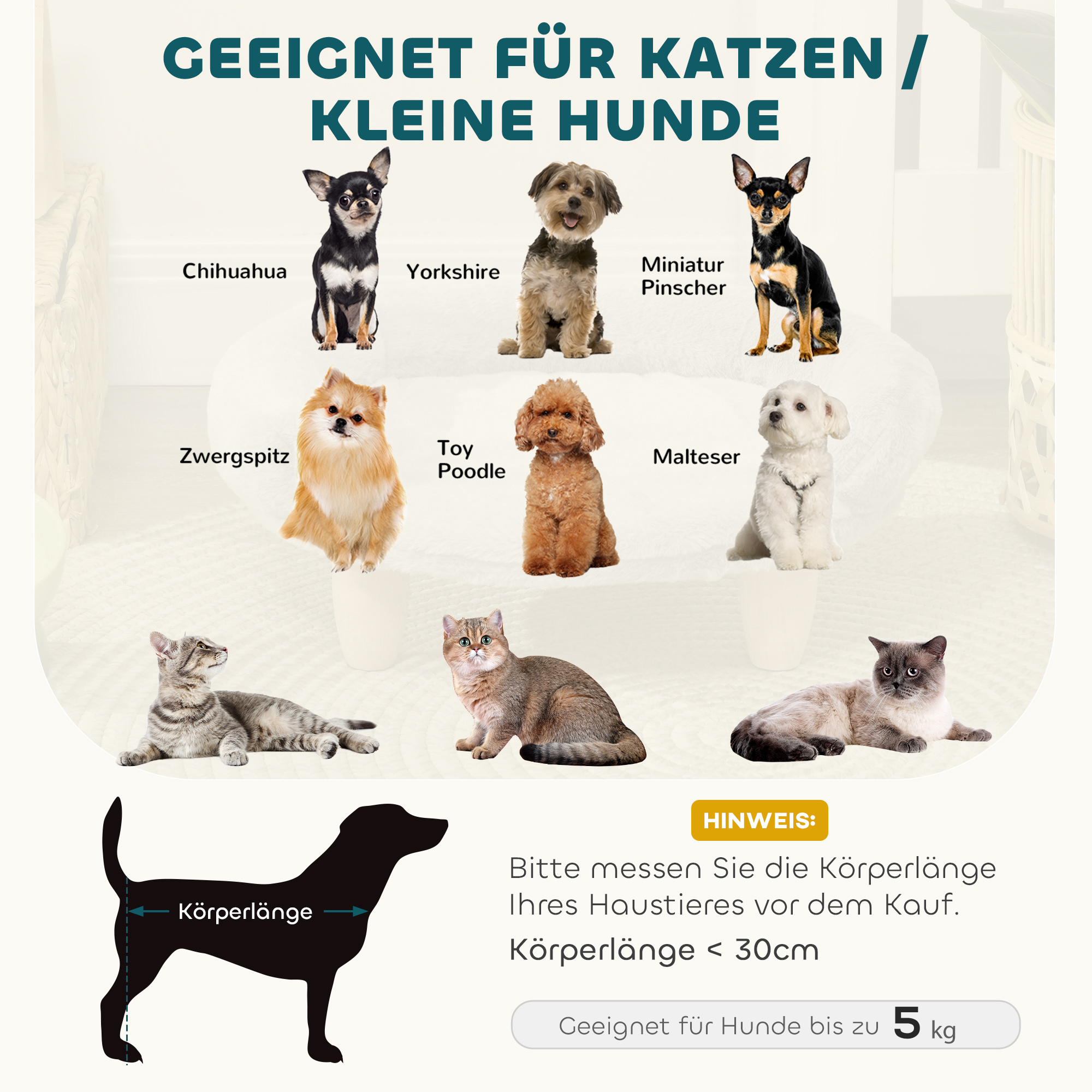 Haustierbett für Katzen und Hunde bis 5kg/30cm, waschbarer Plüschbezug, Cremeweiß, 47 x 40 x 20 cm