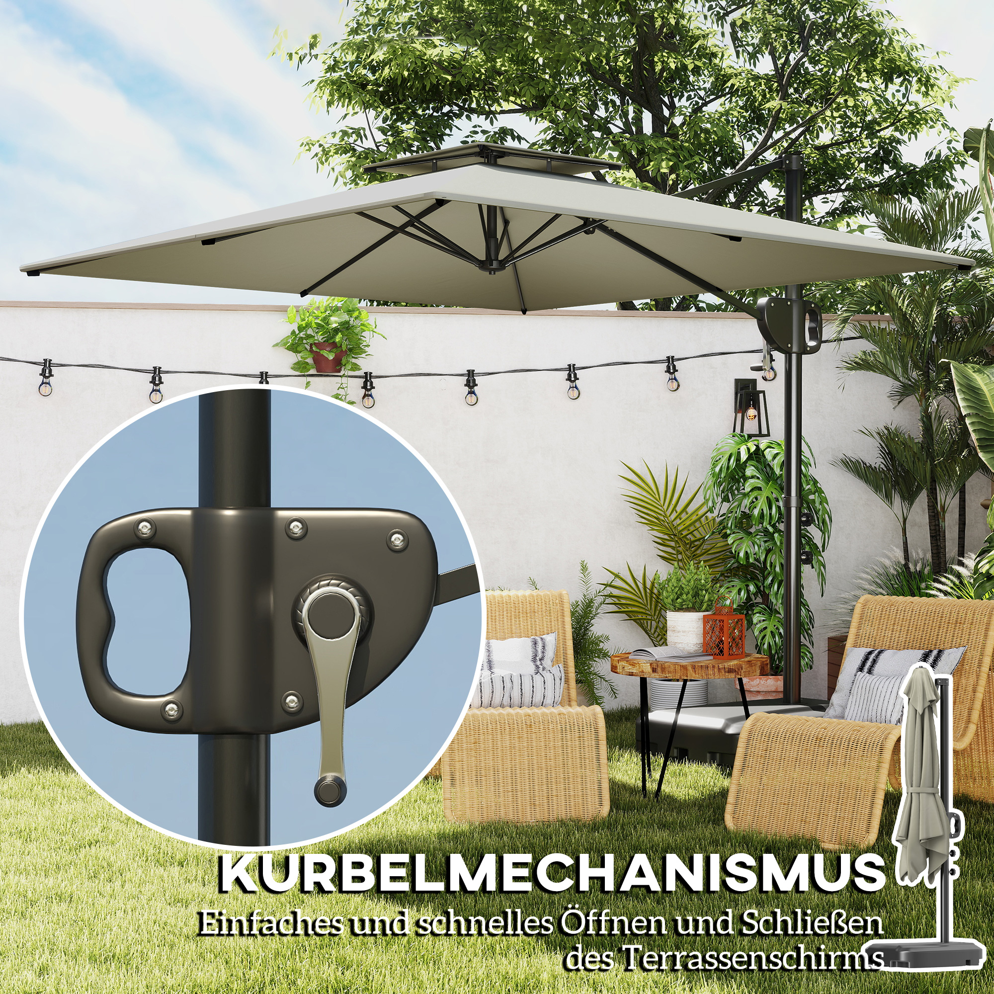 Ampelschirm 247 x 247cm neigbar Sonnenschirm mit Doppeldach Kurbel Ständer Wasserabweisend Hellgrau