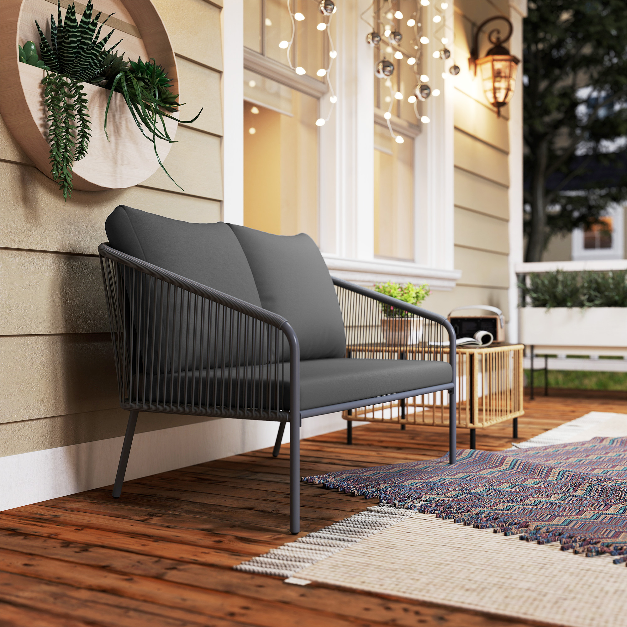 Gartensofa mit Kissen 2-Sitzer Rattan Sofa Lounge Sofa Outdoor Balkon Sofa 112 x 72 x 76 cm Grau