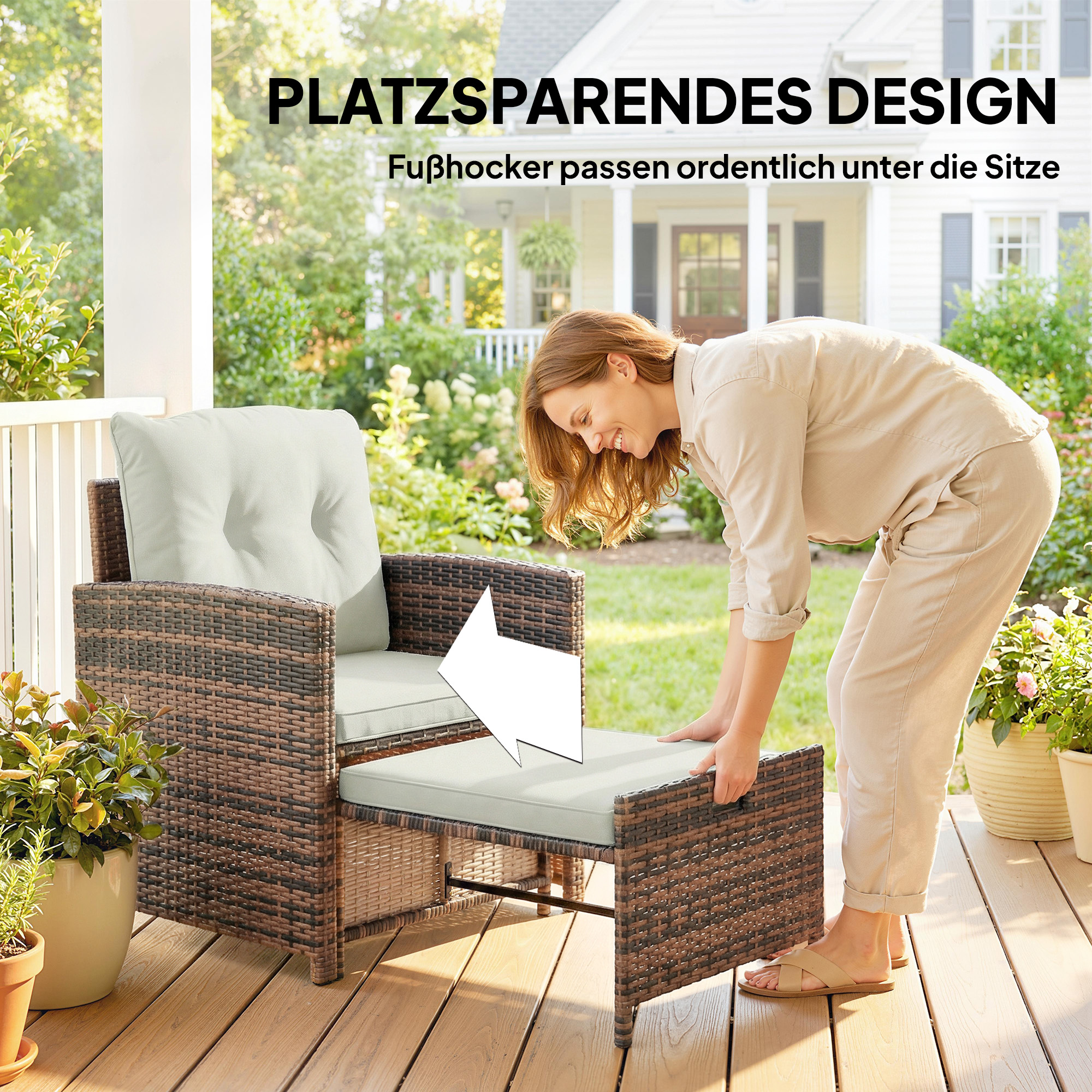 Rattan Gartenmöbel Set 5-teiliges Balkonmöbel Set mit 2 Stühle Kissen Hocker Tisch Staufach Cremeweiß