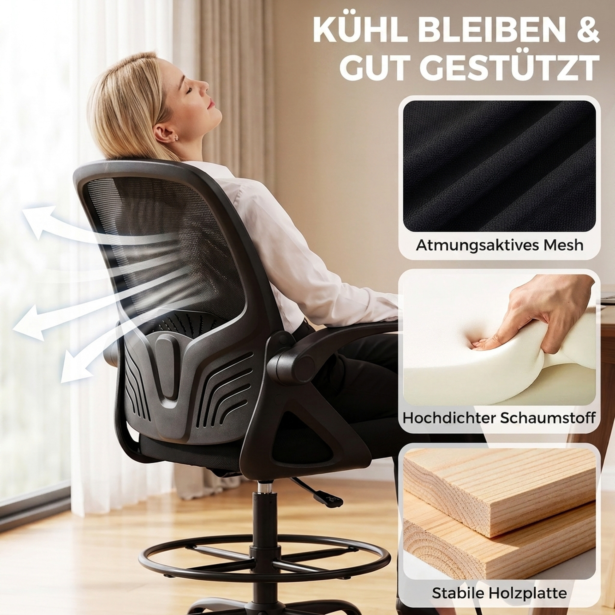 Zeichenstuhl mit verstellbarer Lendenstütze, Drehfunktion, Netzbezug, klappbaren Armlehnen, Höhenverstellung und Fußring, Schwarz