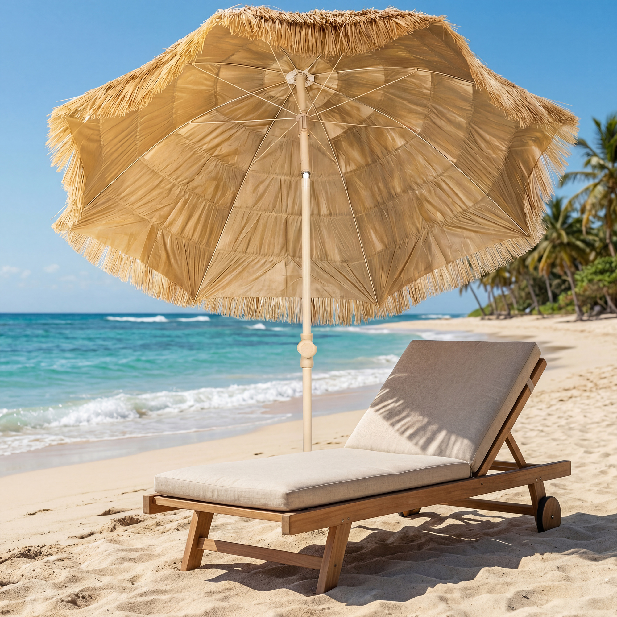 150 cm Hula Strohdach Tiki Strand- und Gartenschirm mit Sandanker, verstellbarer Höhe und Neigefunktion, Strohdach Sonnenschirm
