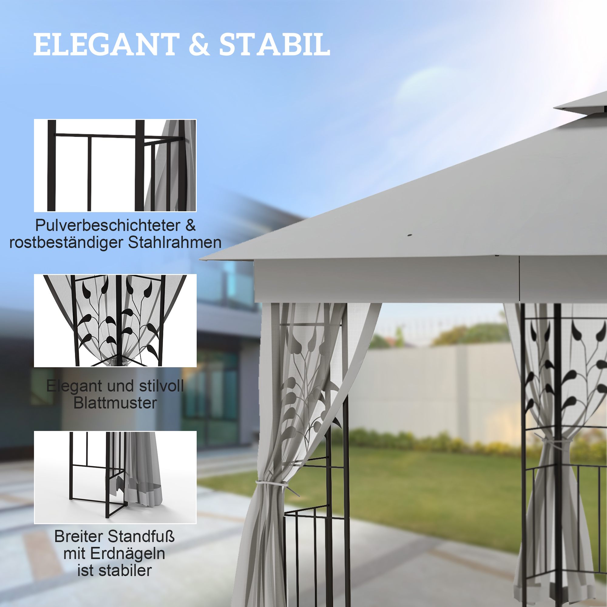 Pavillon mit Doppeldach, 3x3 m Wasserabweisend Stabil Winterfest Gartenpavillon mit Moskitonetz Hellgrau