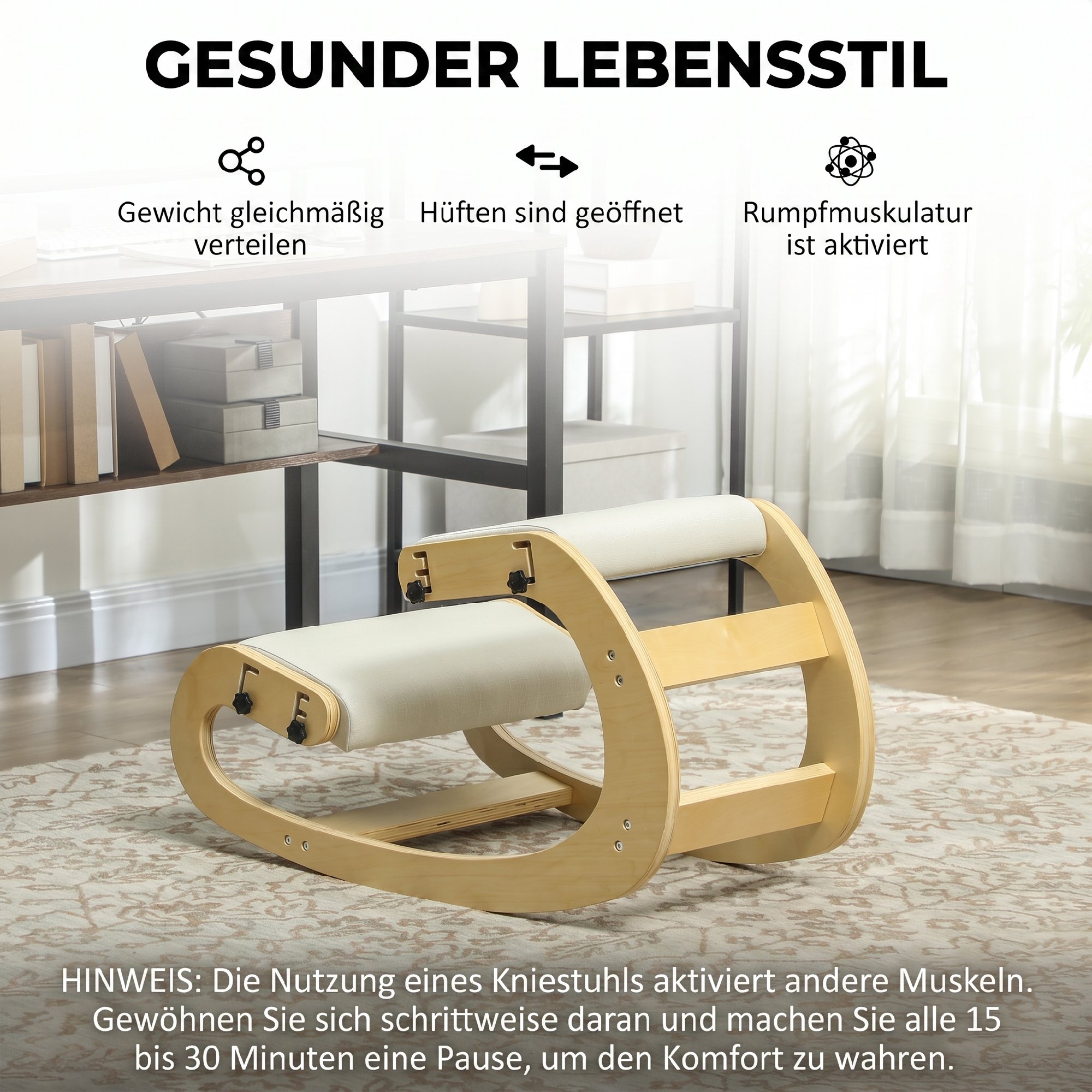 Ergonomischer Kniestuhl, Kniehocker mit 6 verstellbaren Einstellungen, Basis aus Holz Cremeweiß