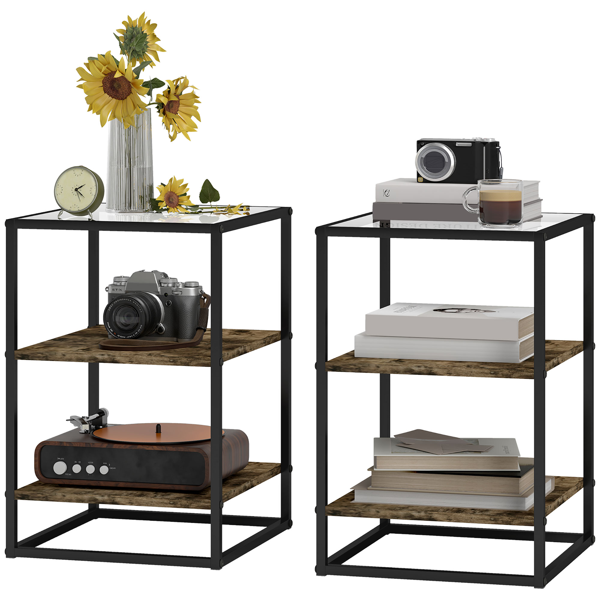 2er-Set Beistelltische mit Glasplatte, 3-stufiges Design, Metallrahmen, für Wohnzimmer, Schlafzimmer, Braun 2er-Set Beistelltische mit Glasplatte, 3-stufiges Design, Metallrahmen, für Wohnzimmer, Schlafzimmer, Braun