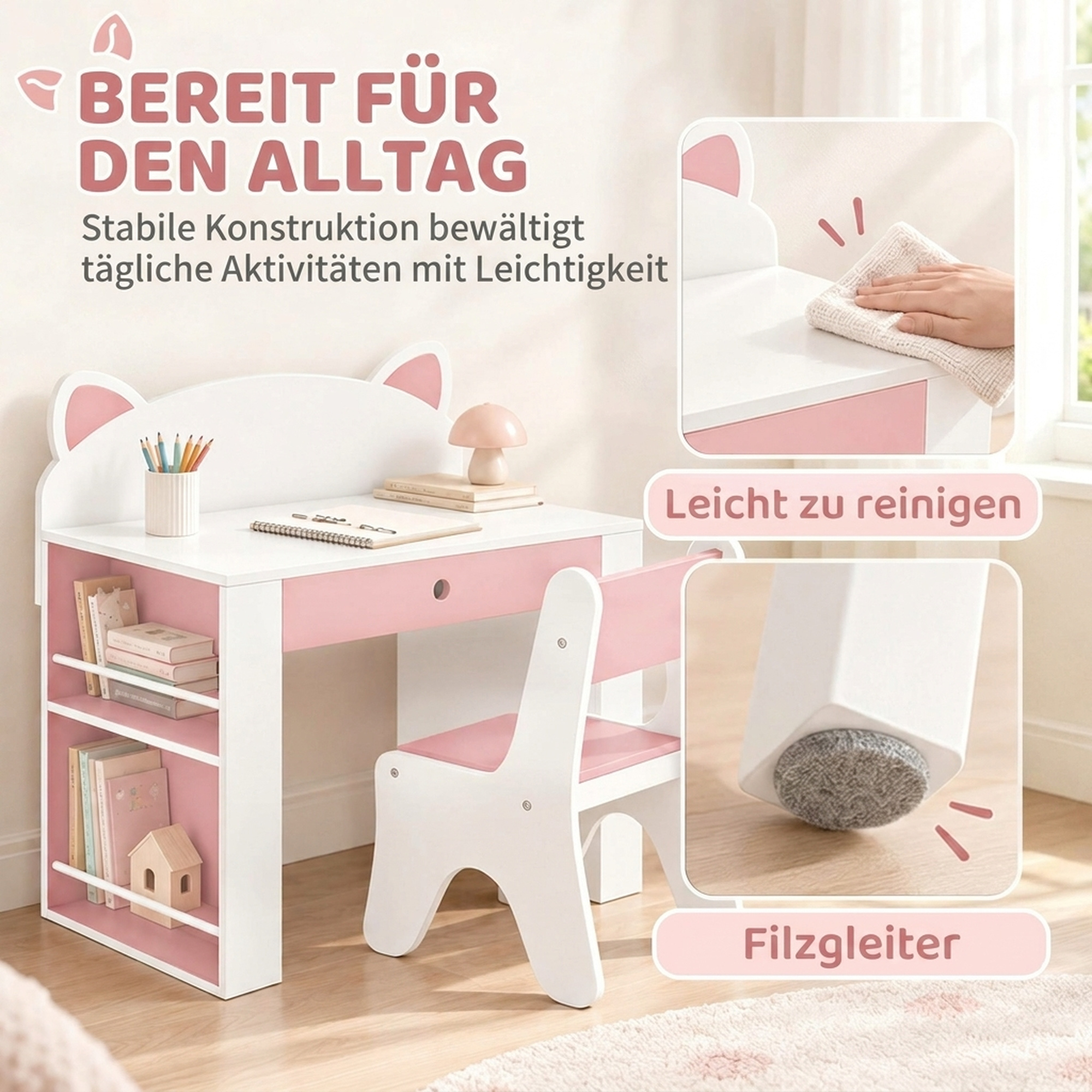 Kindertisch mit Stuhl 2 teilige Kindersitzgruppe mit Bücherregal Schublade Fuchs-Design für Kinder 3-8 Weiß+Rosa