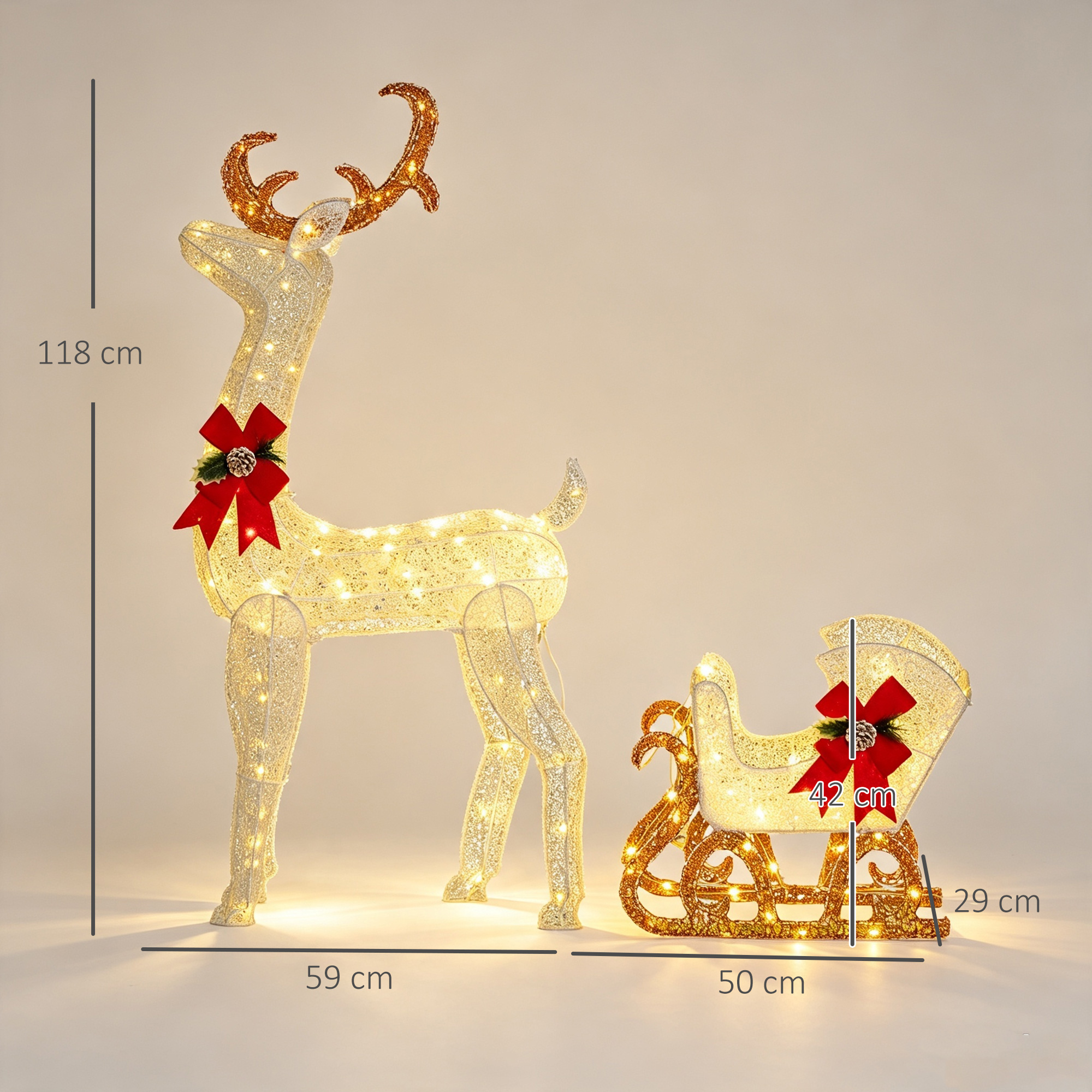 LED-Weihnachtsdekoration, leuchtendes Rentier und Schlitten, 170 Lichter, 50 x 29 x 42 cm