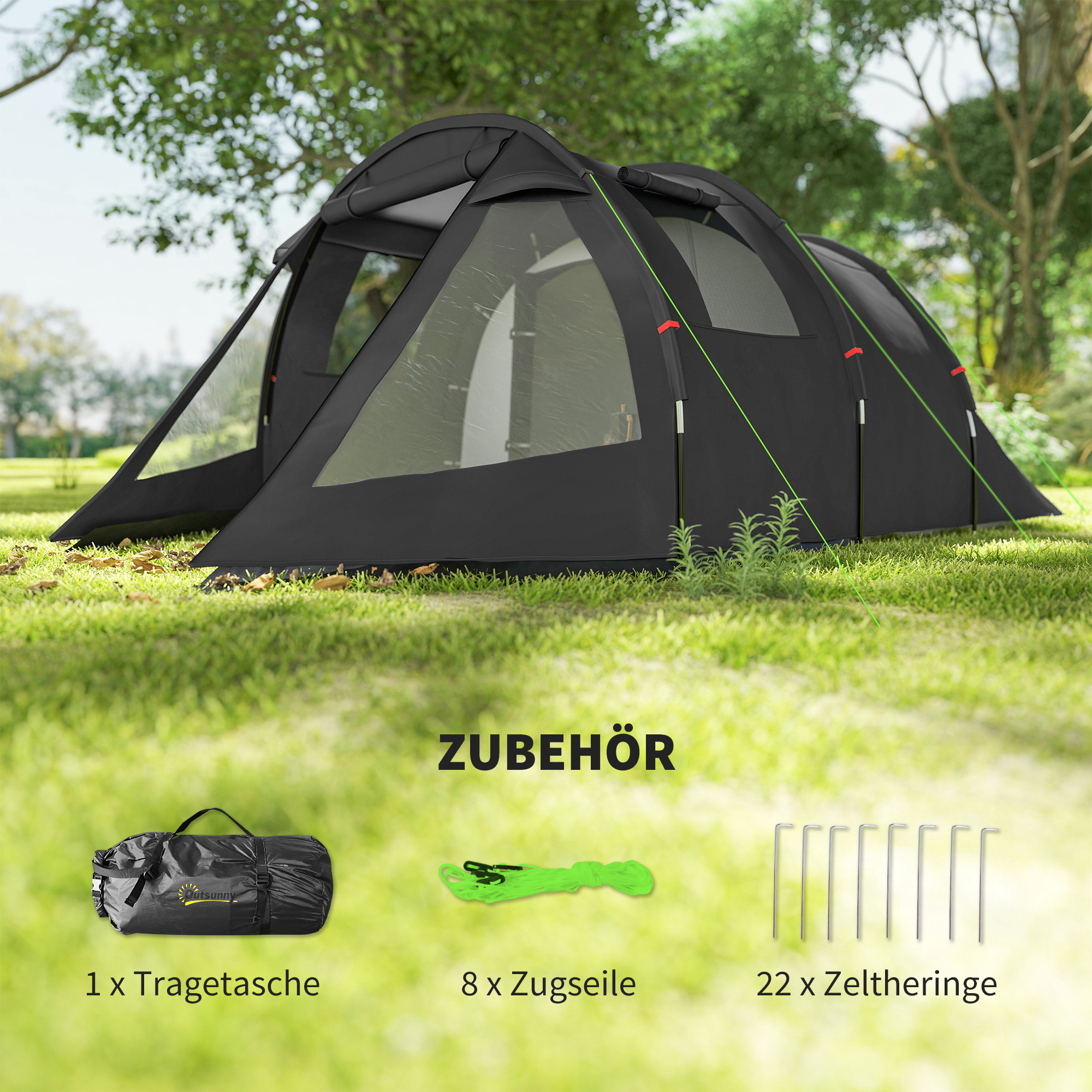Campingzelt Trekkingzelt Zelt, wetterbeständig, 2 Räume,  475 x 264  cm Breite x 172, Schwarz