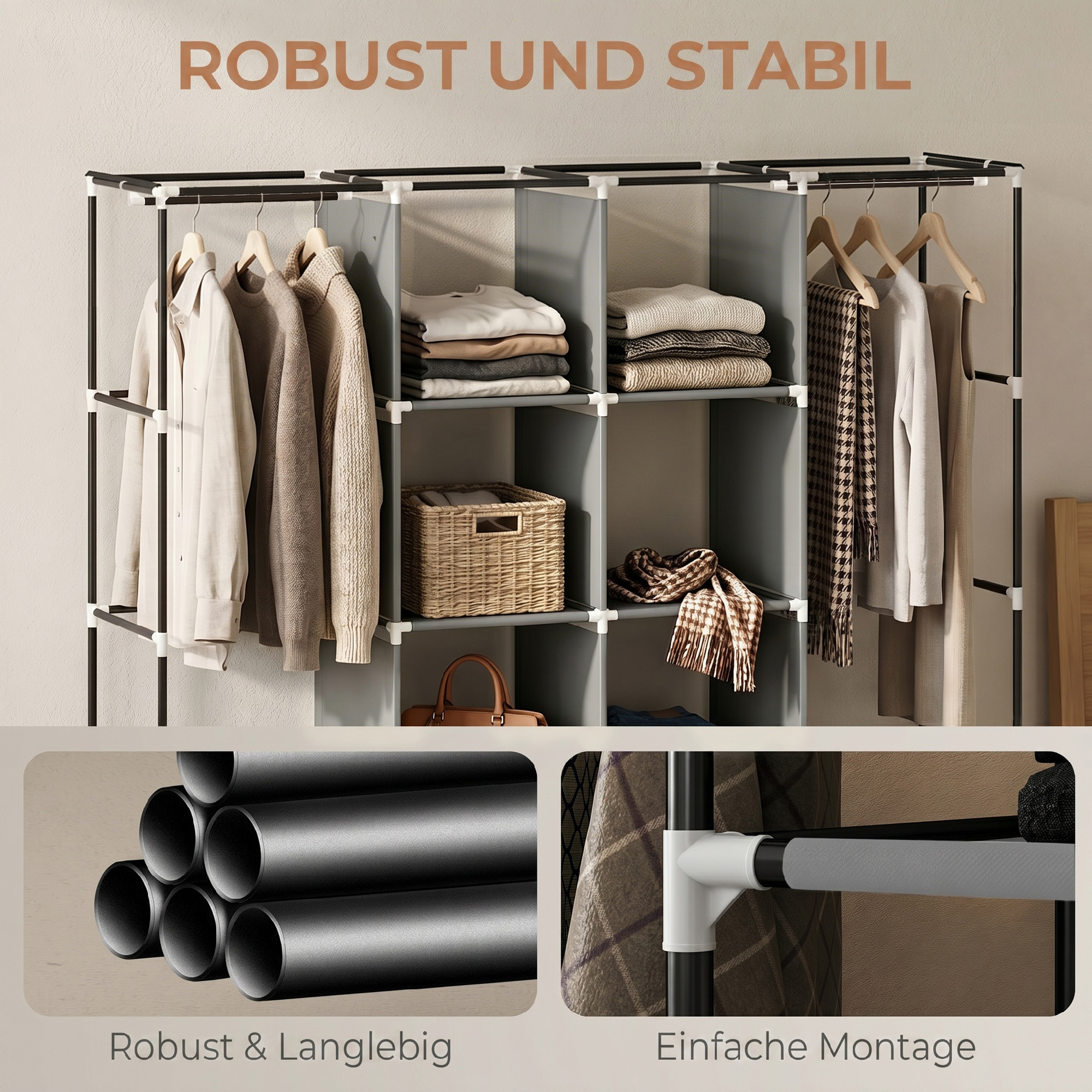 Kleiderschrank Stoffschrank, Türen, 2 Kleiderstangen, 10 Fächer, Grau