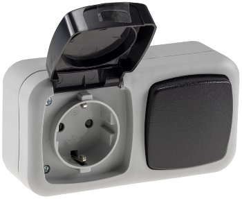 Feuchtraum Kombi-Schalter/Steckdose,IP44, 250V~/ 10/16A, grau, AP horizontal